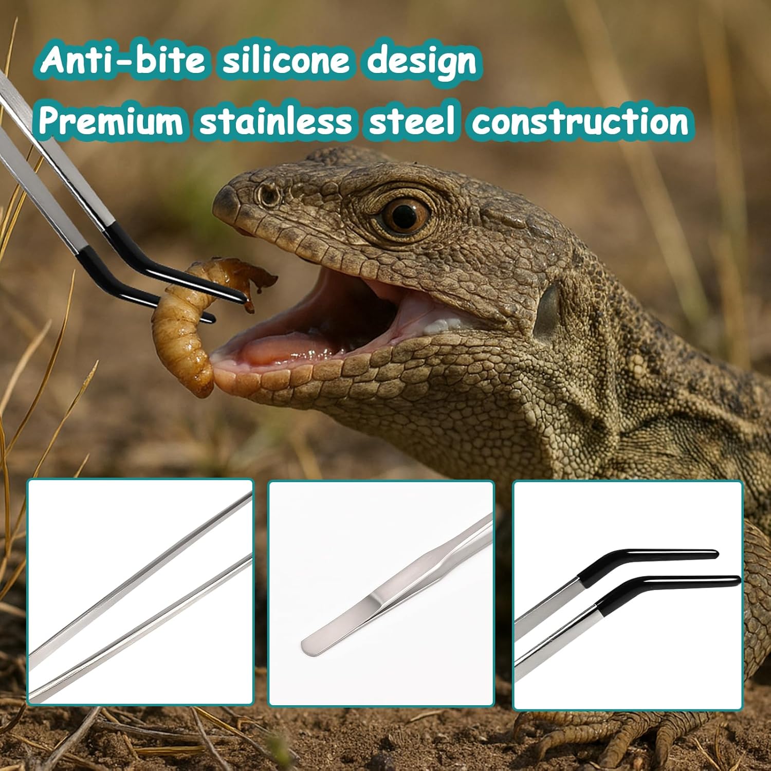 2 Pack Extra Long Stainless Steel Reptile Feeding Tongs with Rubber Tip - 10.6" Straight And Curved Long Tweezers for Aquariums, Feeder for Beard Dragons, Lizard and Snakes (Silver) - Happypetzone.online - Image 4