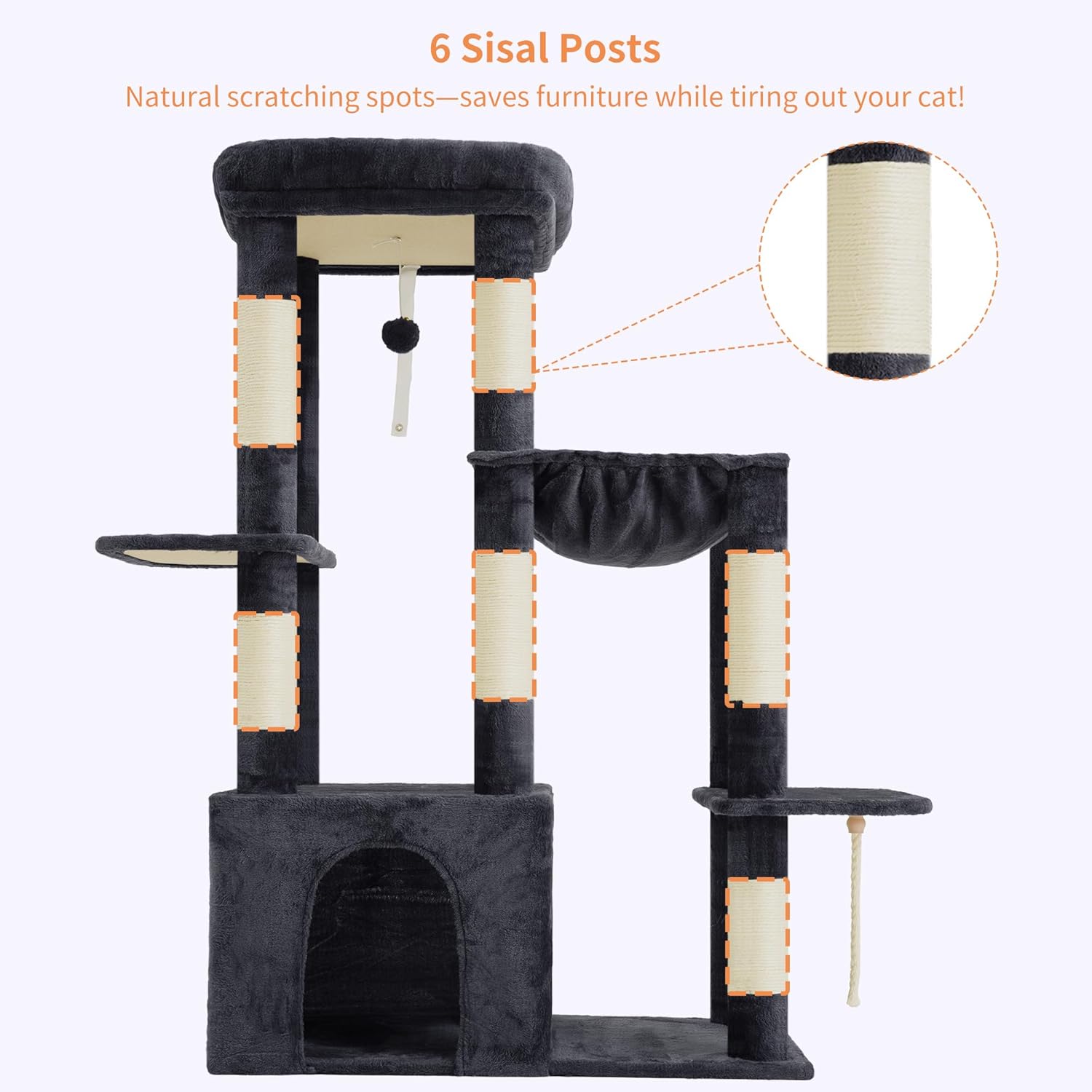 Heybly Heavy Duty Cat Tree, Tower for Indoor Cats large adult, Tall Cat Condo House with Extra-Large Baseboard, Multi-Level Plush Furniture with Scratching Posts, Hammock,Toy Balls, Smoky Gray HCT026G - Happypetzone.online - Image 8