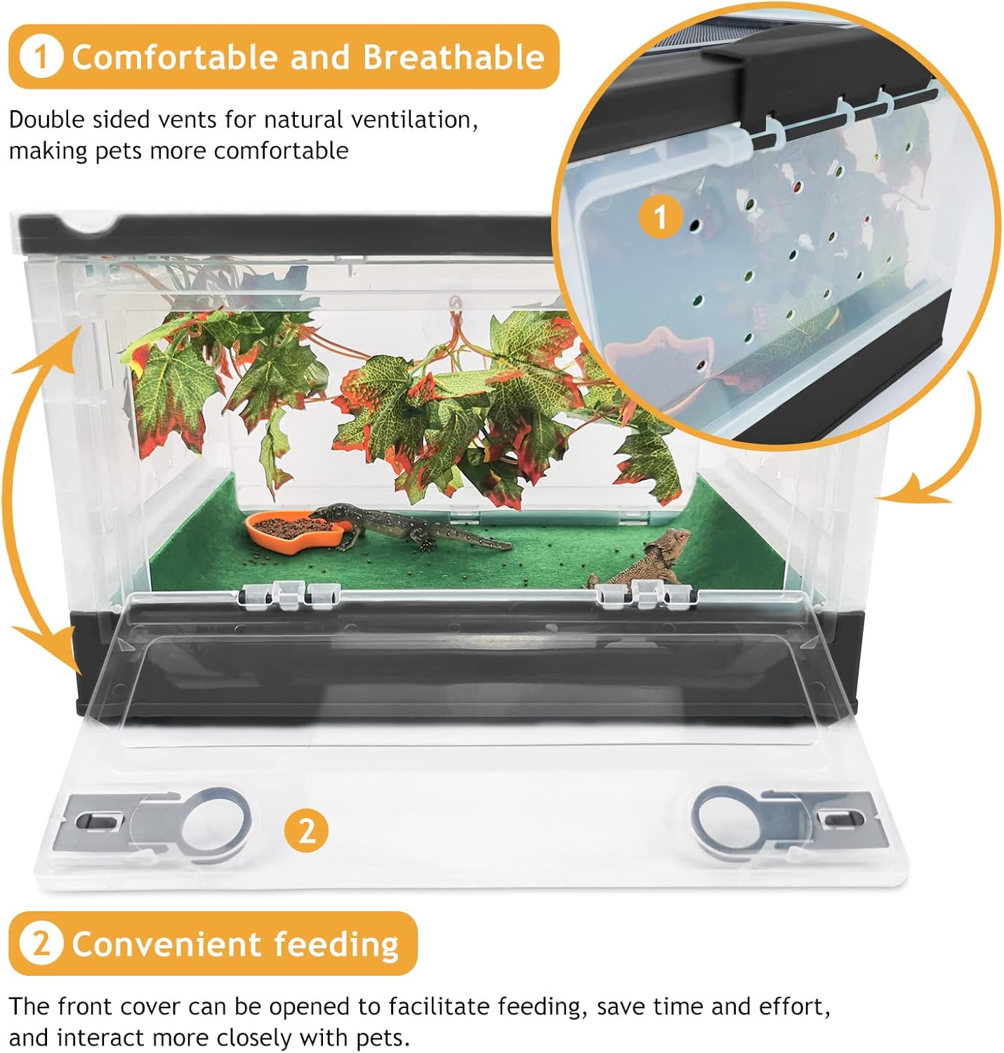 RunDuck Foldable Reptile Terrariums Kits with Plant, Feeding Bowl, Carpet, Easy to Carry, Easy to Move with Wheels, Heat-Resistant Material, Suitable for Lizard Tortoise Leopard Gecko (Black) - Happypetzone.online - Image 4