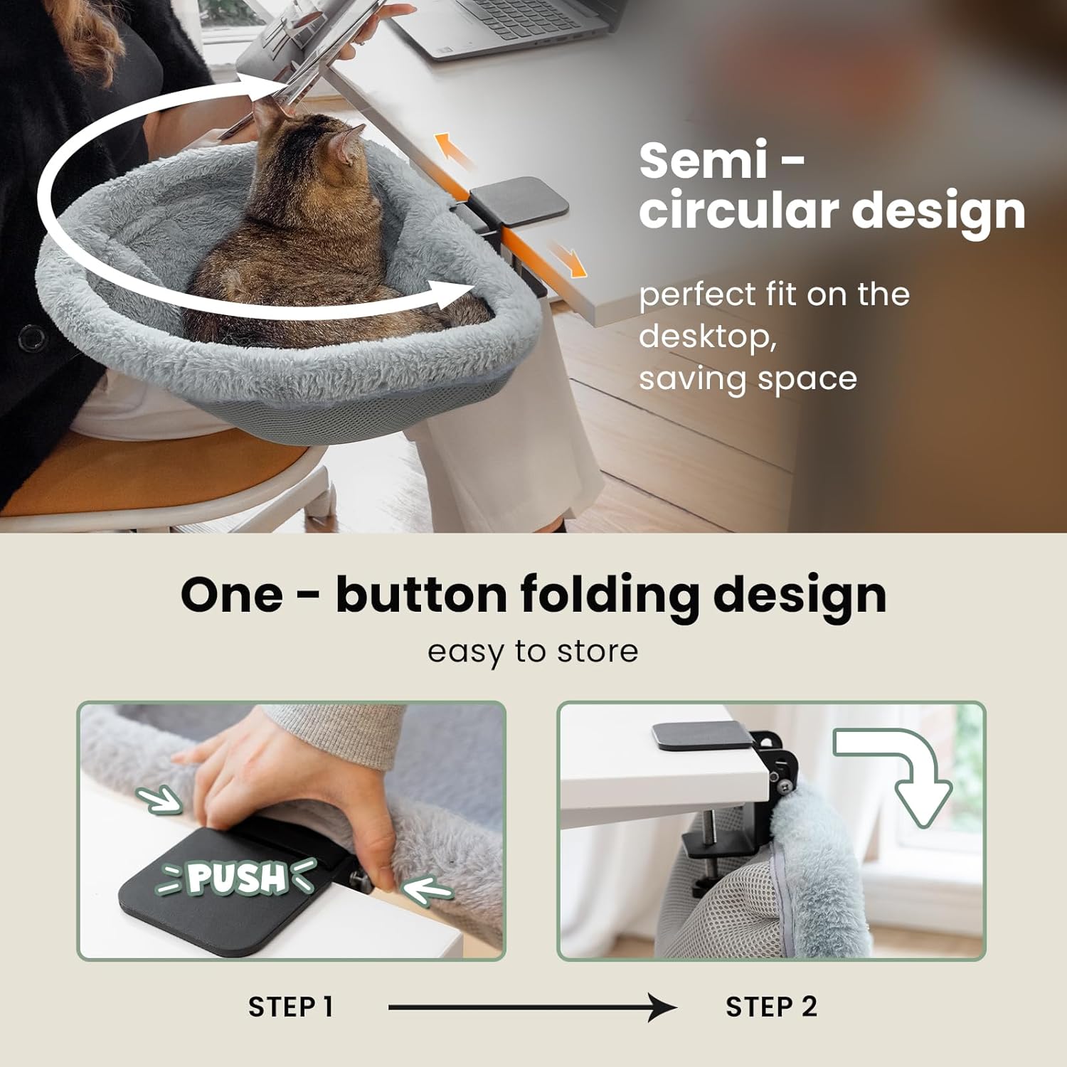 JUNSPOW Cat Desk Bed - One-Click Folding,Sunken Design & Space-Saving Semi-Circular Cat Bed, Soft Faux Rabbit Fur Material, Suitable for Various Desktops-Maximum Hold Up to 40lb - Happypetzone.online - Image 4