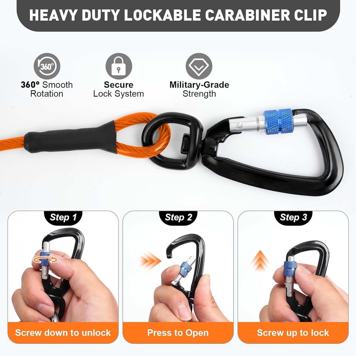 Dog Tie Out Cable 10FT Heavy Duty Chew Proof, Tangle-Free Runner with 360° Swivels & Locking Clip for Large Dogs Up to 250LBS - Rust Proof Leash for Yard, Camping, Outside (Orange 10FT) - Happypetzone.online - Image 3