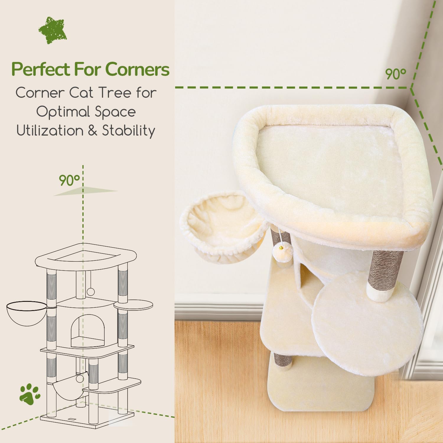 Globlazer Corner Cat Tree, 51in Curved Series Modern Cat Tower for Indoor Cats with Hammock, 7 Sisal Scratching Posts, Large Fan-Shaped Platform for Large Cats, Cat Condo & Hanging Basket, C51, Beige - Happypetzone.online - Image 2