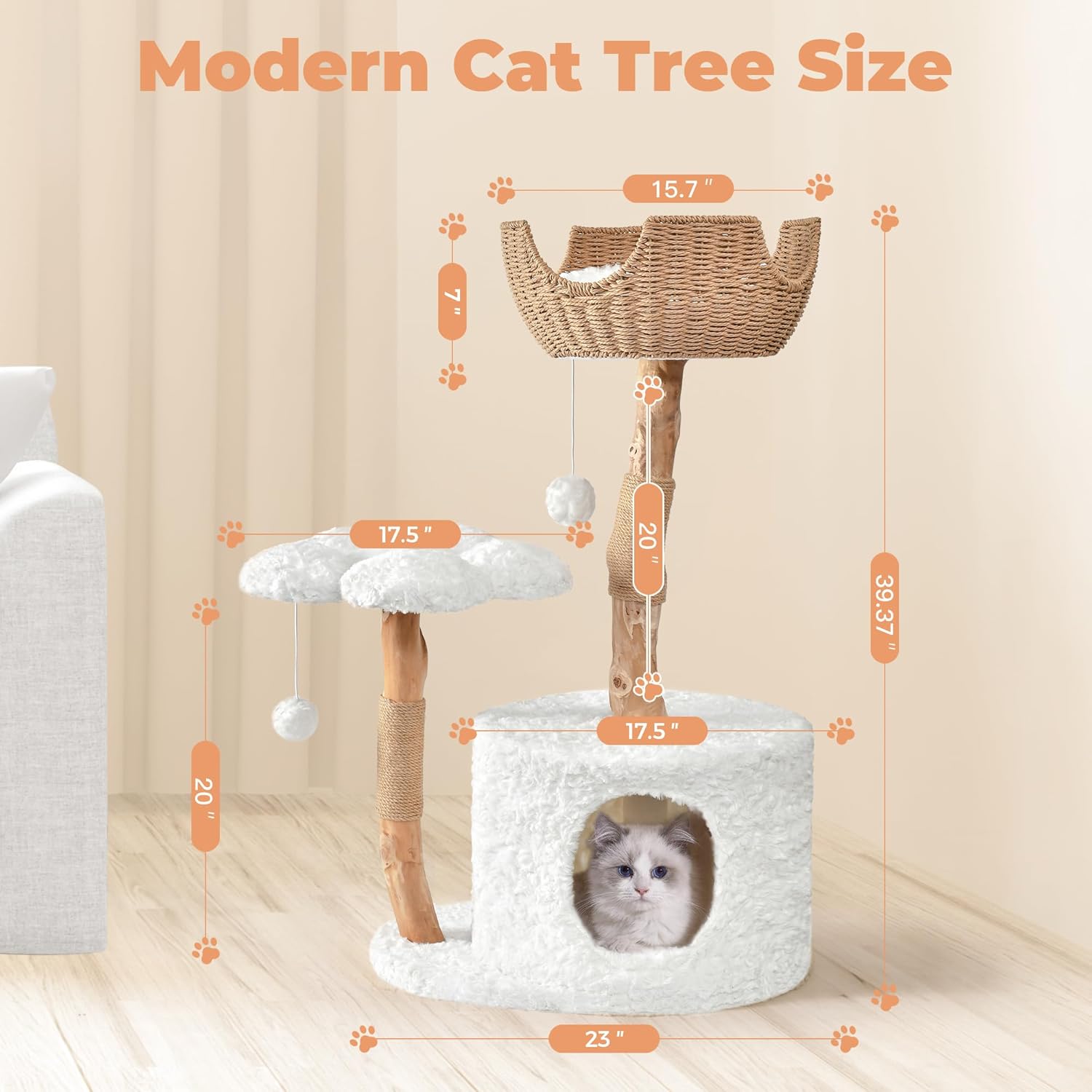 Easyego Modern Cat Tree, 39.9" Aesthetic Wood Cat Tree Tower for Large Cats, Luxury Cat Condo with Scratching Posts and Flower Platforms, Cat Furniture, White - Happypetzone.online - Image 6