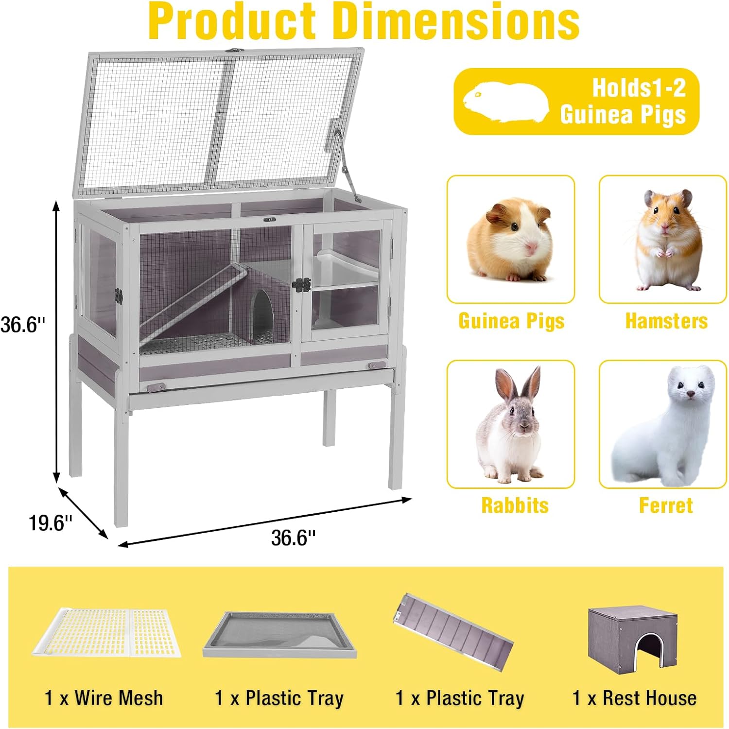 Aivituvin 2-Story Indoor Rabbit Hutch Guinea Pig Cage with Stand, Wooden Bunny Cage Small Animal Cages with Chew-Proof Ramp, Pull-Out Tray & Leakproof PVC Layer (Grey) - Happypetzone.online - Image 6