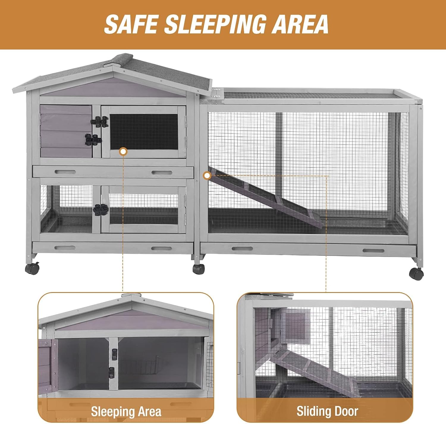 Bunny Cage Indoor and Outdoor Rabbit Hutch with Casters Waterproof Roof, Pull Out Tray from Back and Front 61.2" L x 22.6" W x 33.5" H - Happypetzone.online - Image 5