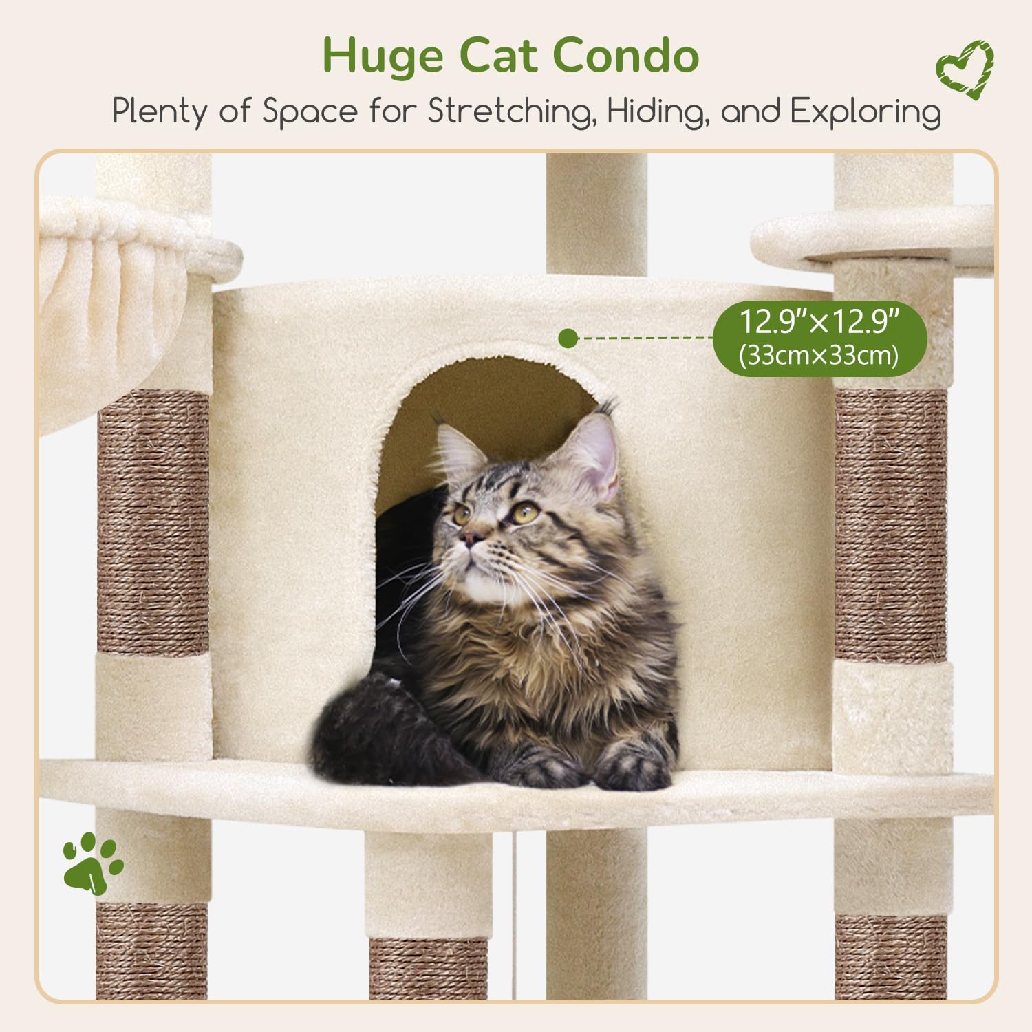Globlazer Corner Cat Tree, 51in Curved Series Modern Cat Tower for Indoor Cats with Hammock, 7 Sisal Scratching Posts, Large Fan-Shaped Platform for Large Cats, Cat Condo & Hanging Basket, C51, Beige - Happypetzone.online - Image 3