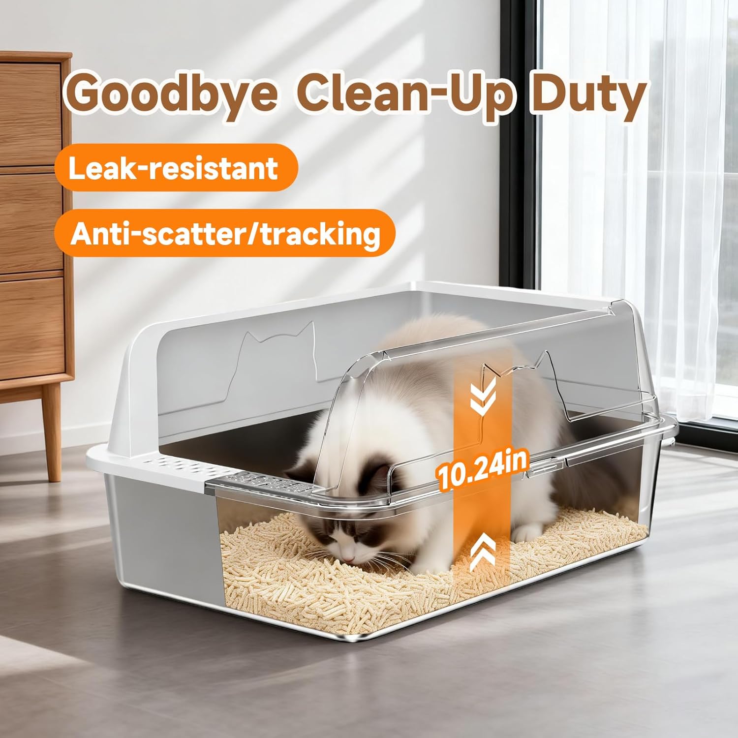 Stainless Steel Cat Litter Box XL for Big Cats, High-Sided Design Prevents Urine Leakage, Non-Stick, Easy to Clean, Includes Scoop, Gray - Happypetzone.online - Image 2