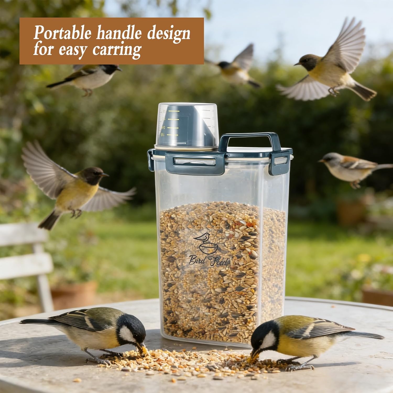 2 Pcs 3.17 Qt/3 L Bird Seed Storage Container Airtight- Portable Bird Food Container with Airtight Measuring Cup, Clear Pet Parrot Seed Dispenser for Birds Food Chicken Feed Storage, Blue Lid - Happypetzone.online - Image 5