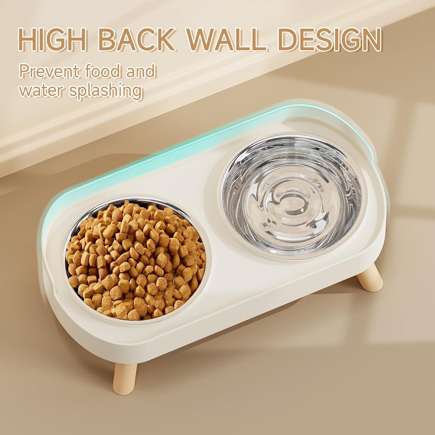 Elevated Cat Bowl, Raised Cat Food and Water Bowl Set for Indoor Cats, Splash Proof with 2 Stainless Steel Pet Food Bowls for Cats and Puppies, Whisker Fatigue and Dishwasher Safe - White - Happypetzone.online - Image 2