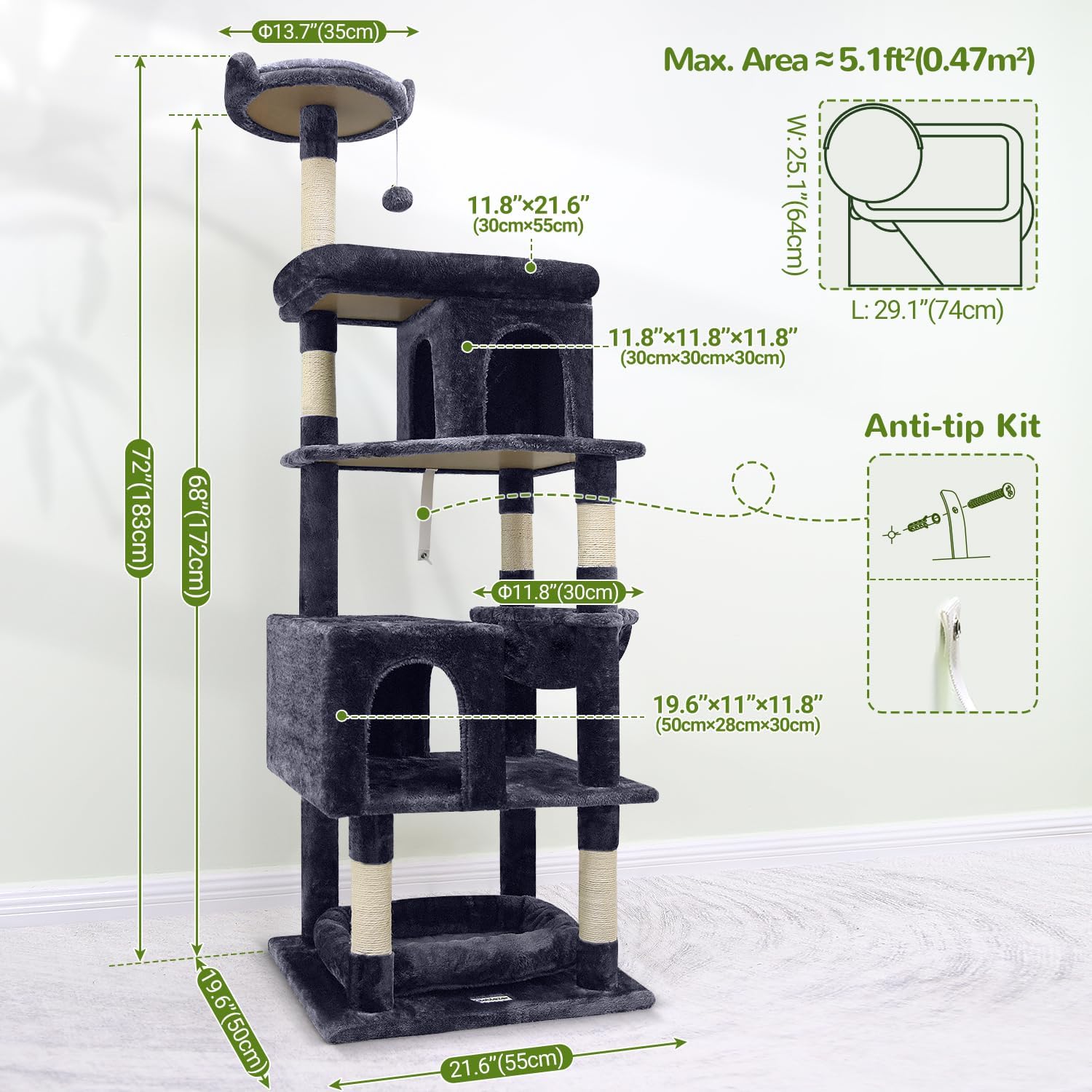 Globlazer Heavy Duty Cat Trees for Large Cats, Sturdy 72in Maine Coon Cat Tree for Large Cats 20 lbs+ Heavy Duty Cat Tower for Adult Biggest Cat with 6 Scratching Posts, Hammock, S72, Dark Gray - Happypetzone.online - Image 6