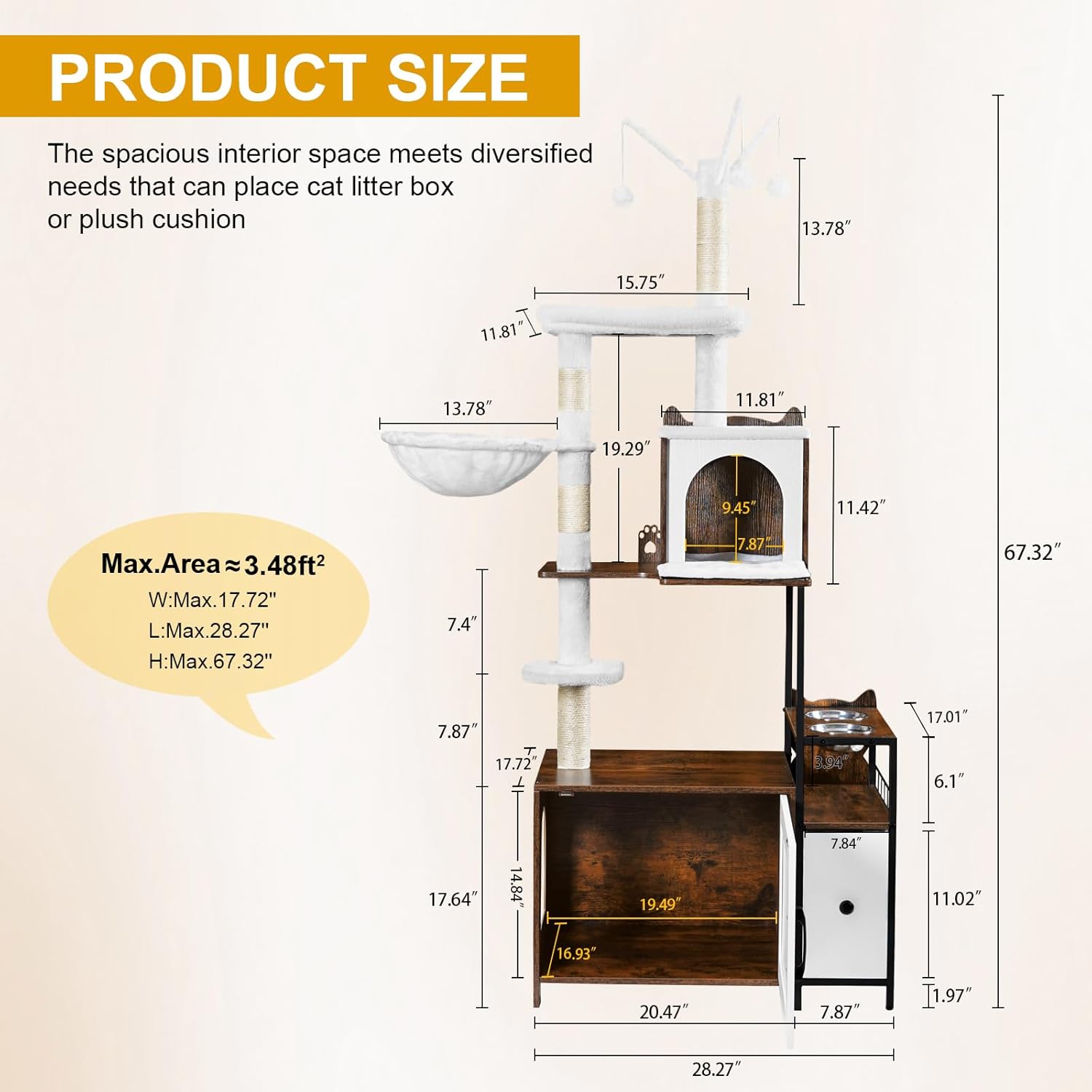 Snughome Cat Tree with Litter Box Enclosure, 3-in-1 Modern Cat Tower for Indoor Cats, 67.32’’ Hidden Cat Litter Box Furniture with Cat Condo, Food Station and Hammocks, All-in-one Cat Furniture - Happypetzone.online - Image 5