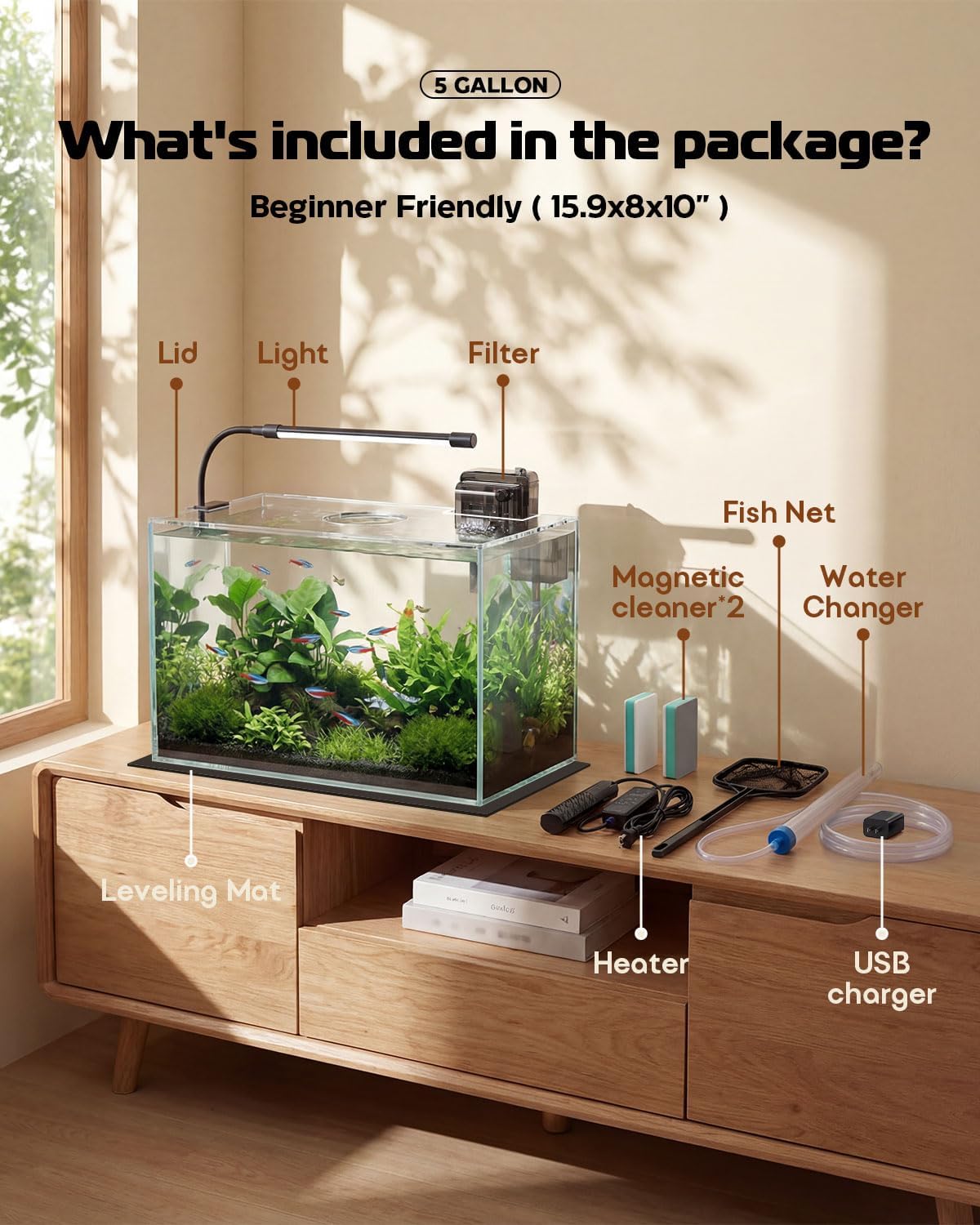 Glass Fish Tank Kit, 5 Gallon Betta Fish Tank Aquarium Starter Kit with Filter, Lights, Lid, for Betta, Goldfish, Small Fish or shrimg,Clear - Happypetzone.online - Image 9