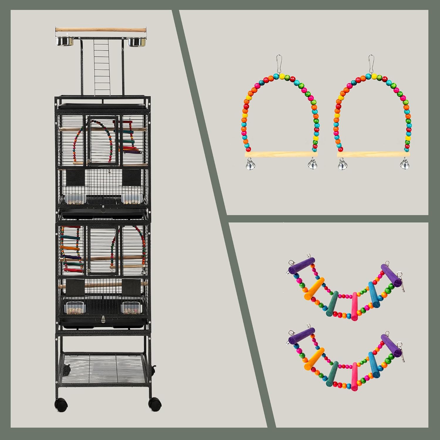 68" Double Bird Cage,Stackable Divided Parakeet Cage, Parrot Cages for Medium Birds with Bird cage Toys,Birdcage Seed Catcher,for Cockatiels Canaries Lovebirds Finches Budgies Small Parrots - Happypetzone.online - Image 5