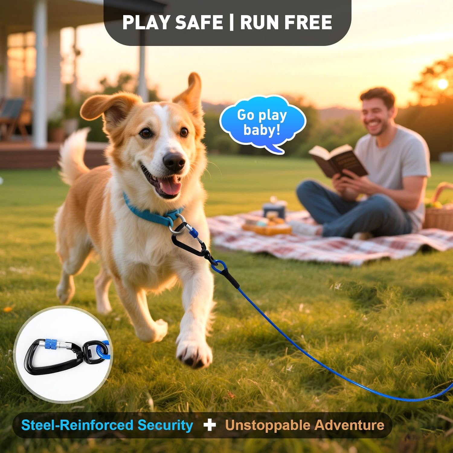 Dog Tie Out Cable 10FT Heavy Duty Chew Proof, Tangle-Free Runner with 360° Swivels & Locking Clip for Large Dogs Up to 250LBS - Rust Proof Leash for Yard, Camping, Outside (Blue 10FT) - Happypetzone.online - Image 7