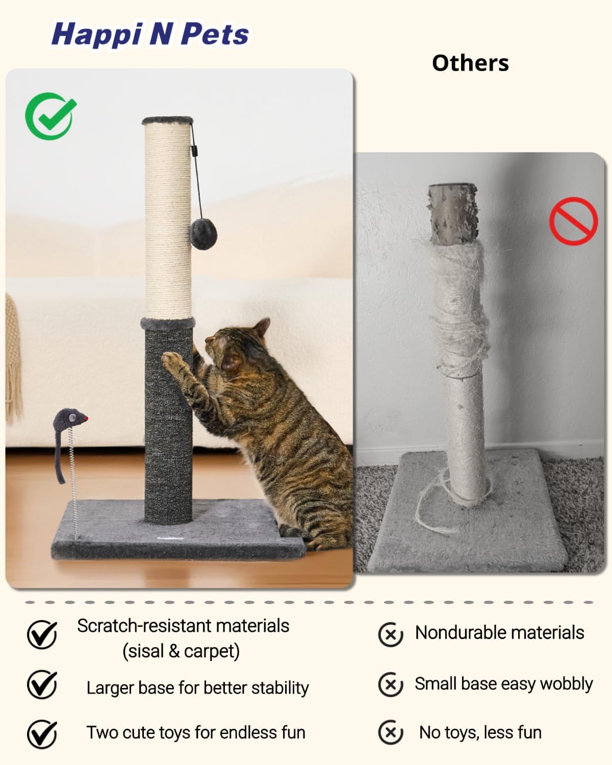 Happi N Pets 29.5" Tall Cat Scratching Post, Cat Scratcher for Indoor Cats, Sisal Scratch Post & Carpet Post in One, Stable Cat Scratch Post with Two Toys, Extra Free Toy, Smokey Gray - Happypetzone.online - Image 4