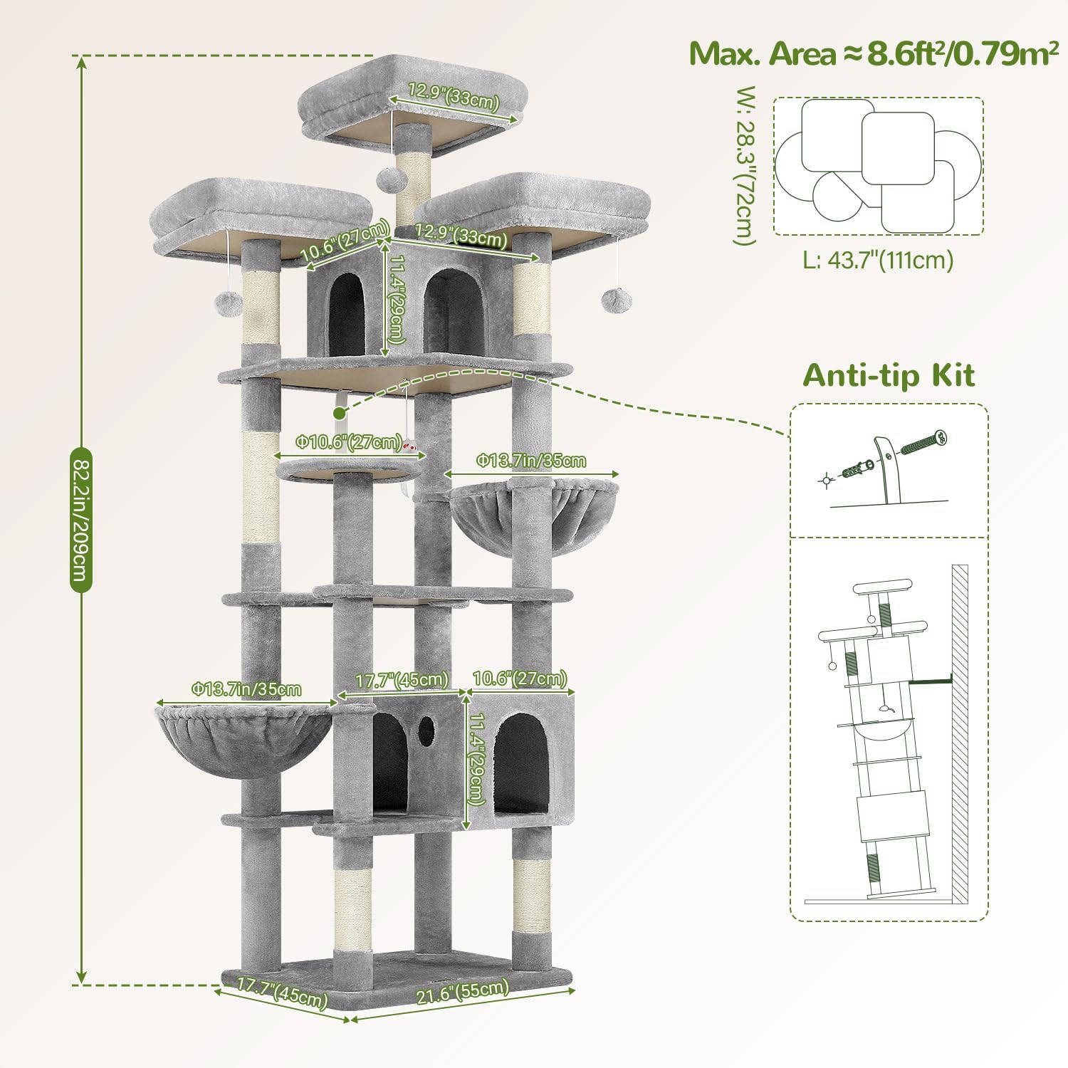 Globlazer Cat Trees and Towers for Multiple Adult Cats, 82-inch XXL Tall Cat Tree Tower for Indoor Cats with Scratching Post, 3 Perches, 2 Condos, 2 Hanging Baskets, F82, Light Grey - Happypetzone.online - Image 7