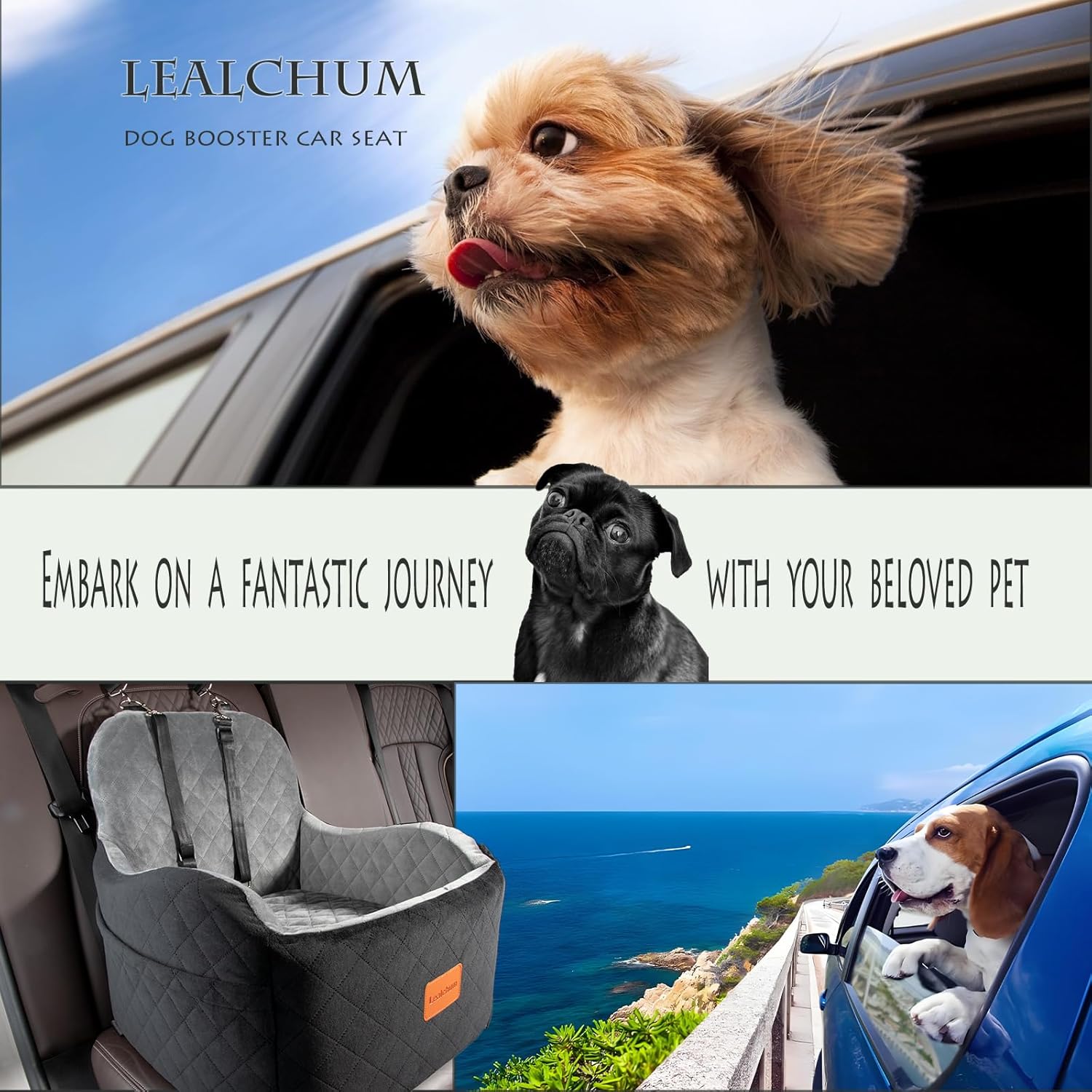 Lealchum Dog Booster Car Seat for Small/Medium Dogs,6in Memory Foam Elevated Cushion,Fully Detachable and Washable,2 Clip-On Safety Leashes,Anti-Slip Base(Black/Grey,Medium) - Happypetzone.online - Image 6