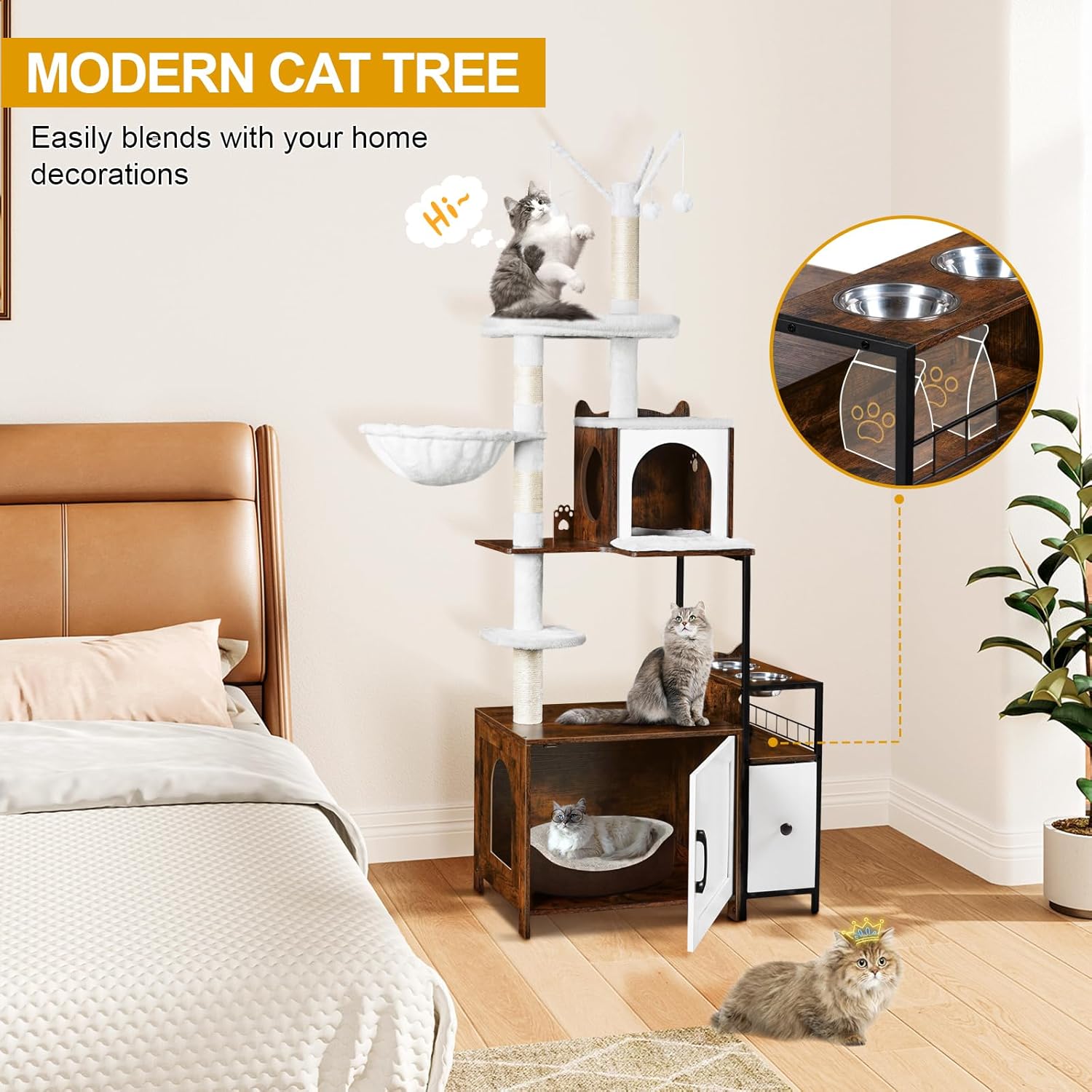 Snughome Cat Tree with Litter Box Enclosure, 3-in-1 Modern Cat Tower for Indoor Cats, 67.32’’ Hidden Cat Litter Box Furniture with Cat Condo, Food Station and Hammocks, All-in-one Cat Furniture - Happypetzone.online - Image 6