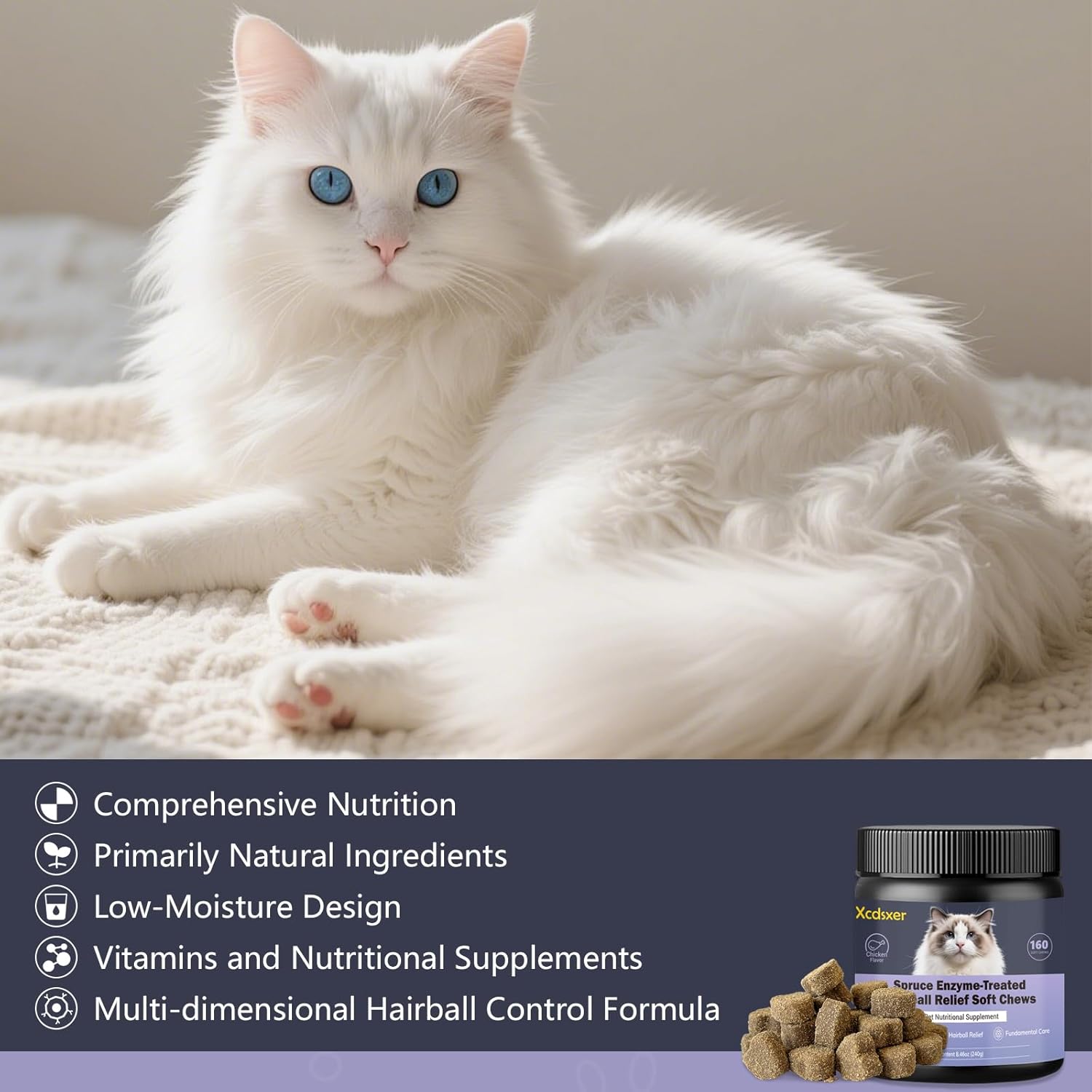 Hairball Control Soft Chews for Cats, Chicken Flavor - Reduces Hairballs & Shedding, Supports Skin & Coat Health, with Apple Pomace & Psyllium Husk, for All Ages - Happypetzone.online - Image 3