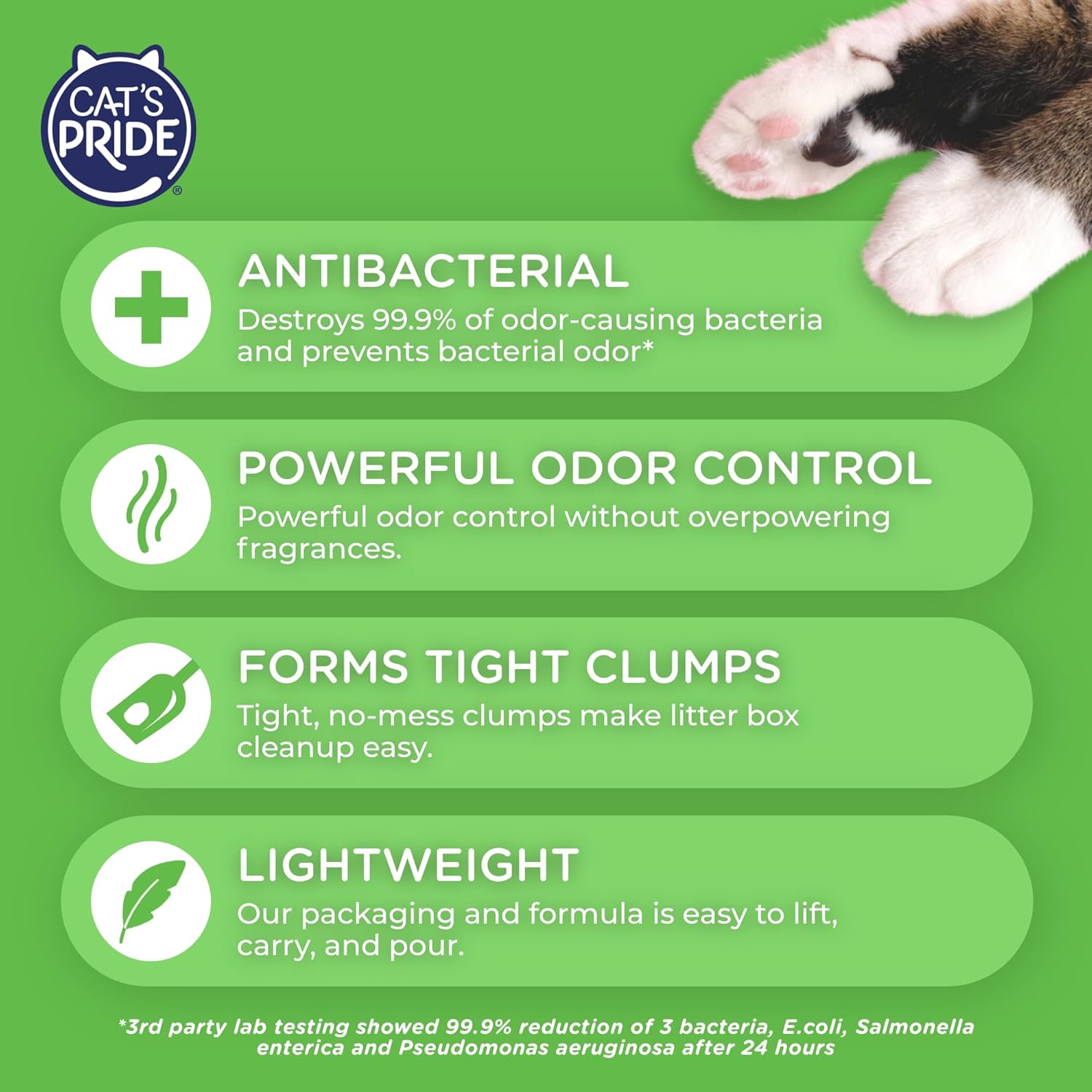 Cat's Pride NEW Antibacterial Cat Litter: Destroys 99.9% of Odor-Causing Bacteria - Powerful Odor Control - Premium Lightweight Clumping Litter - Scented, 12 Pounds - Happypetzone.online - Image 3