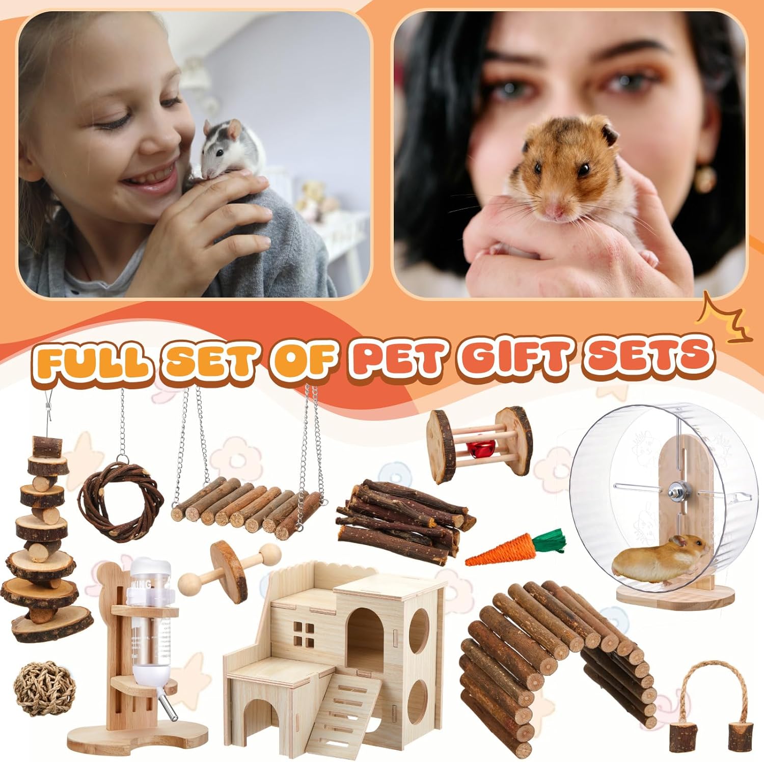 18 Pcs Hamster Toys Set, 10 Kinds Small Animal Chewing Toys, Maze Wood House, Silent Exercise Running Wheels and Water Bottle Set for Hamster Habitat Rat Cage Accessories(Mixed Play Style) - Happypetzone.online - Image 6