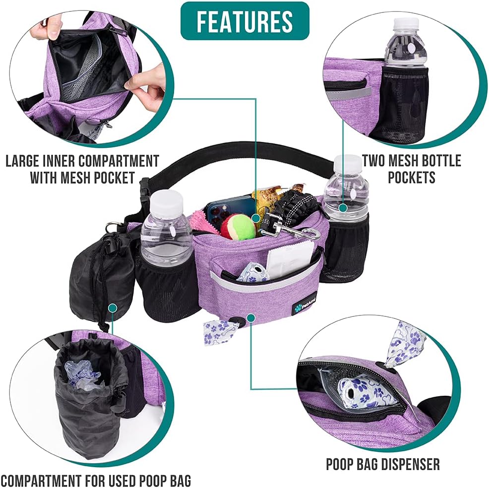 PetAmi Dog Fanny Pack, Treat Pouch for Dog Walking, Training, Built in Poop Bag Dispenser, Water Bottle Holder, Collapsible Bowl, Pet Treat Waist Belt for Hiking, Running, Kibbles (Purple) - Happypetzone.online - Image 3