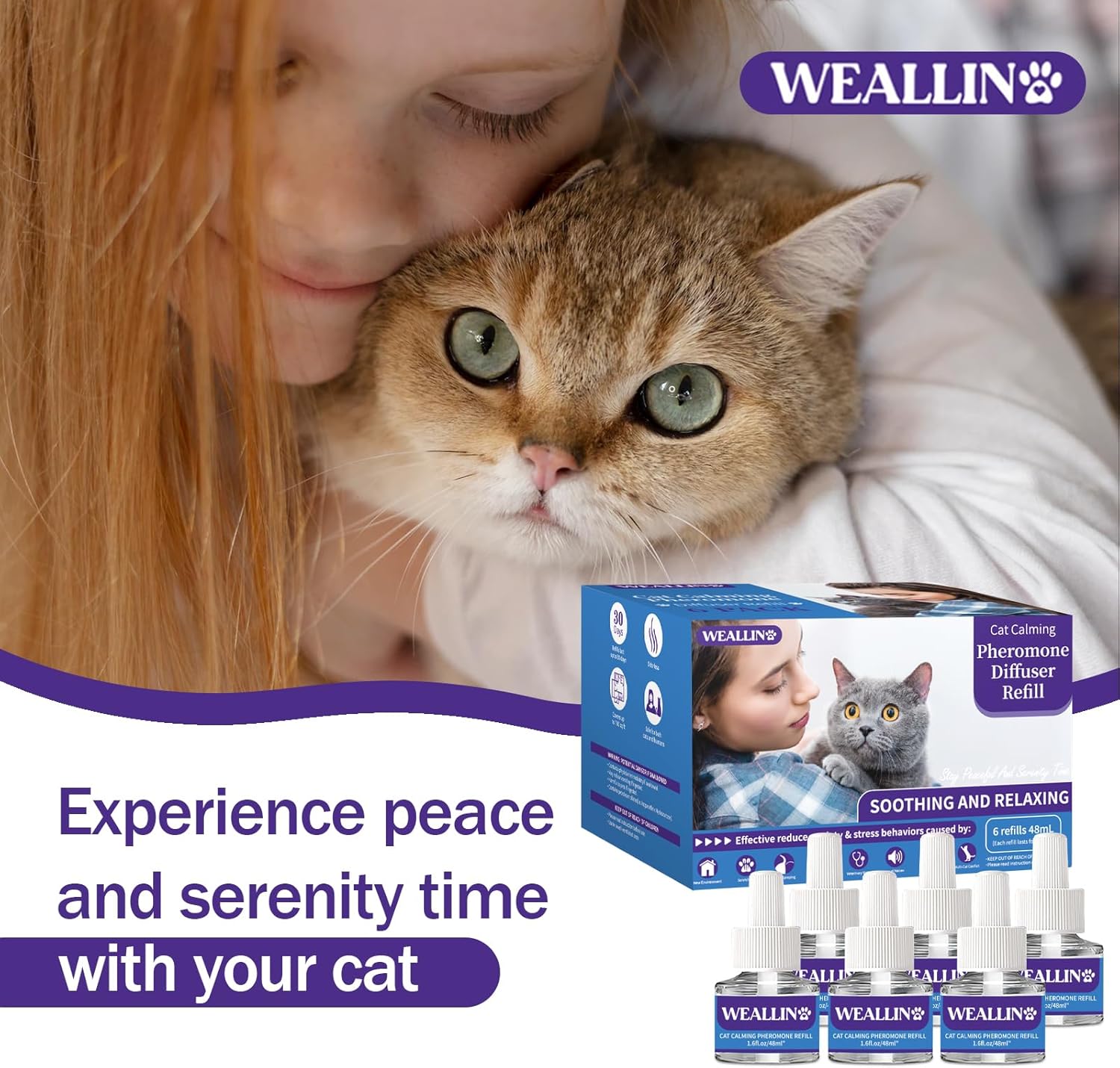 WEALLIN 6 Pack Cat Calming Diffuser Refills - Cat Pheromones Calming Diffuser Refill Relieve Anxiety & Stress 6 Month Supply, Cat Pheromone Diffuser Refills (Fits All Common Diffuser Heads) - Happypetzone.online - Image 7