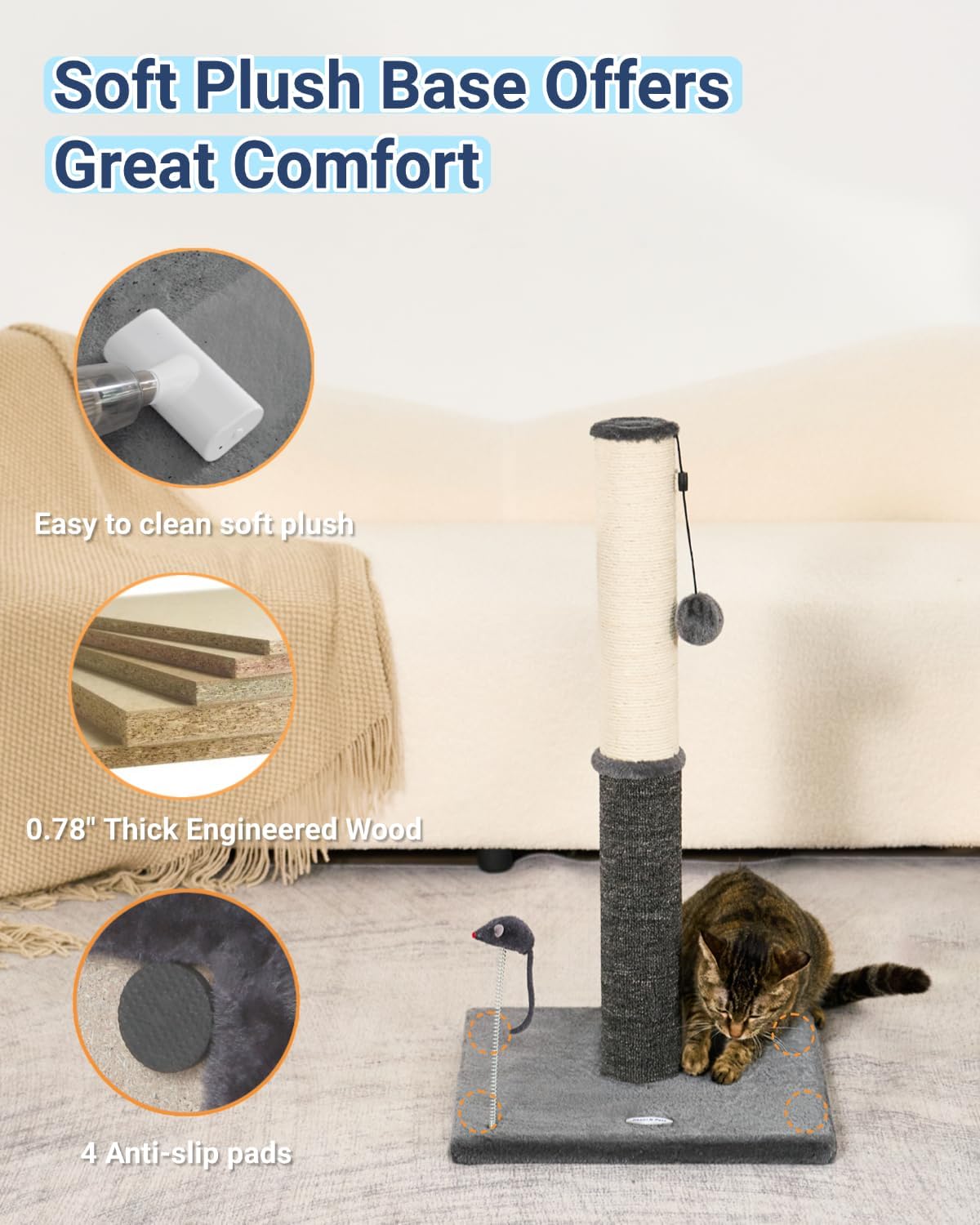 Happi N Pets 29.5" Tall Cat Scratching Post, Cat Scratcher for Indoor Cats, Sisal Scratch Post & Carpet Post in One, Stable Cat Scratch Post with Two Toys, Extra Free Toy, Smokey Gray - Happypetzone.online - Image 6