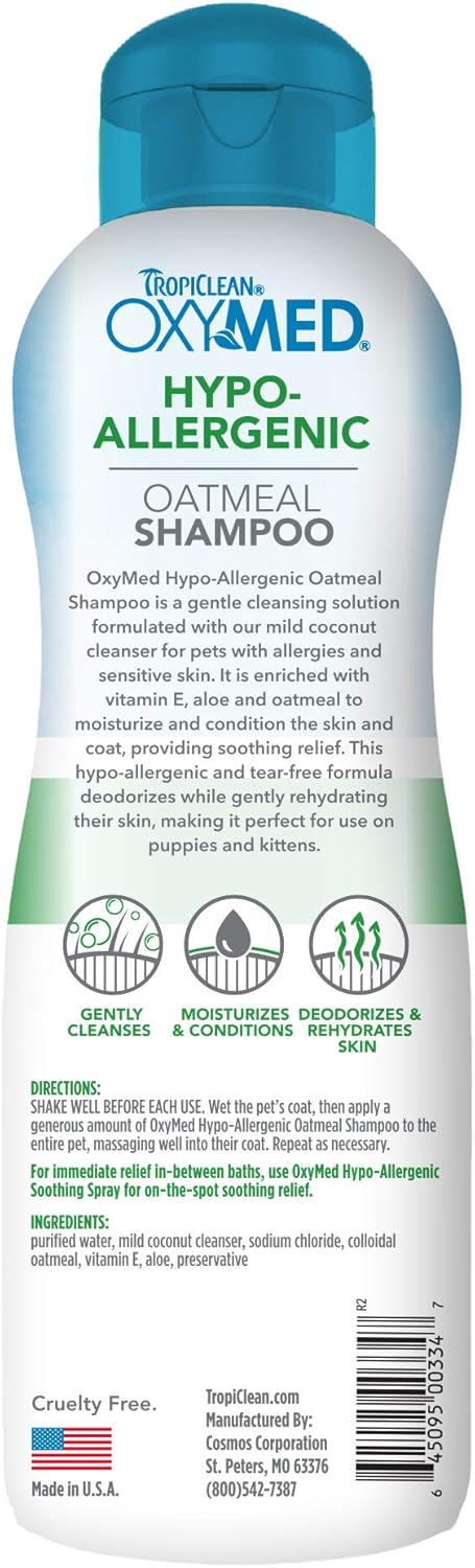 TropiClean OxyMed Hypoallergenic Dog Shampoo for Allergies and Itching, Skin Soothing Shampoo for Pets with Sensitive Skin, Tearless, Cat Safe, 20oz. - Happypetzone.online - Image 2