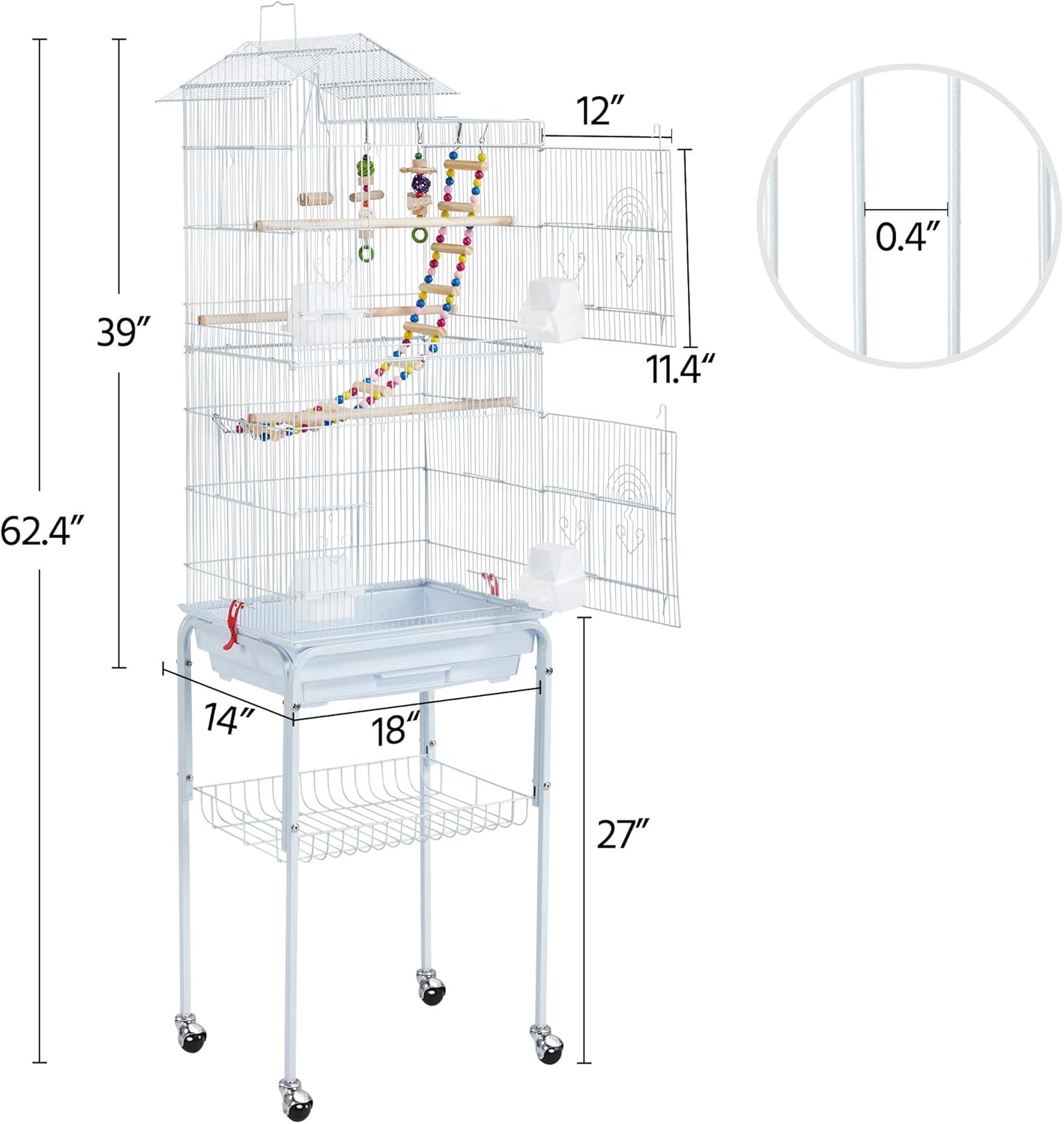 Yaheetech 62.5-inch Roof Top Flight Bird Cage for Parakeets Cockatiels Conures Finches Lovebirds Canaries Budgies Small Parrots, Large Birdcage with Detachable Rolling Stand, White - Happypetzone.online - Image 3