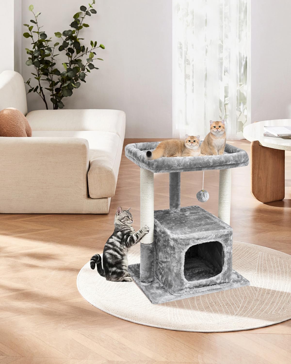 SYANDLVY 27IN Cat Tree for Indoor Cats Large Adult, Modern Activity Tower with Scratching Posts, Condo with Plush Perch, Climbing Stand with Spring Ball for Play, Grey - Happypetzone.online - Image 7