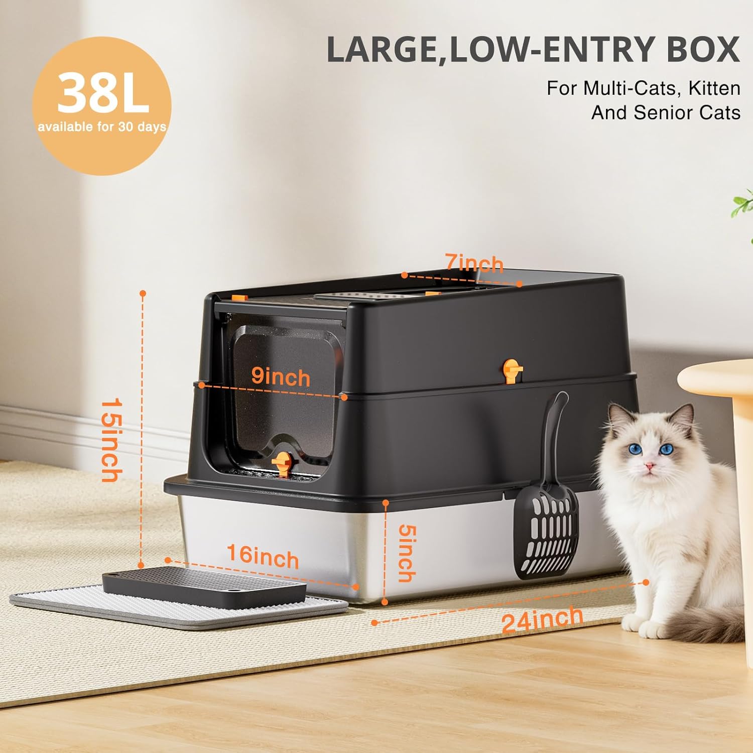 Stainless Steel Cat Litter Box, XL Enclosed Cat Litter Box with Lid, Easy to Clean High-Sided Metal Kitty with Top Entry, Scoop, Mat, Brush & Foot Pedal-Black - Happypetzone.online - Image 6