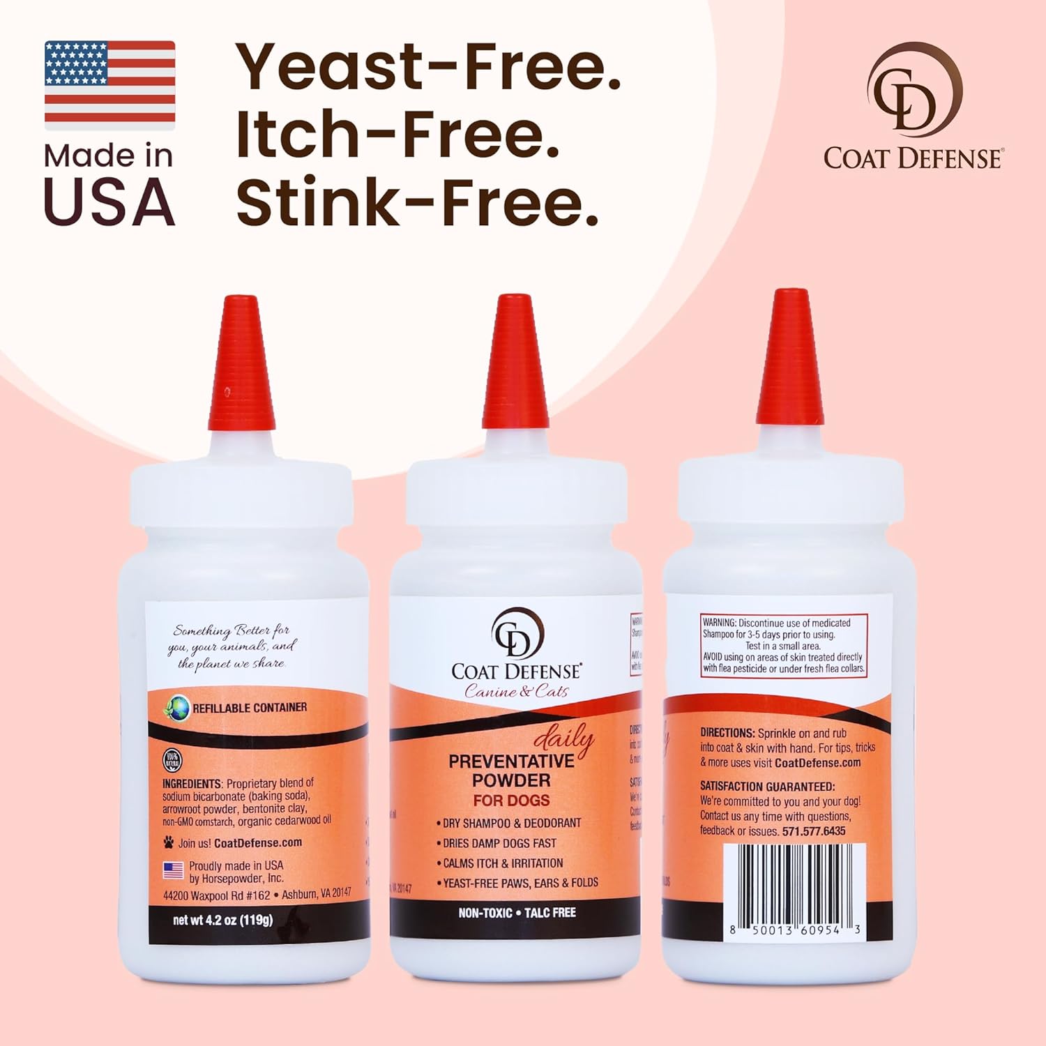 COAT DEFENSE Daily Preventative Powder | Made in USA | 4.2oz Precision Point Waterless Dog Shampoo & Pet Deodorizer for Smelly Dogs | Provides Anti Itch Relief | Dog Shampoo for Dry Itchy Skin - Happypetzone.online - Image 3