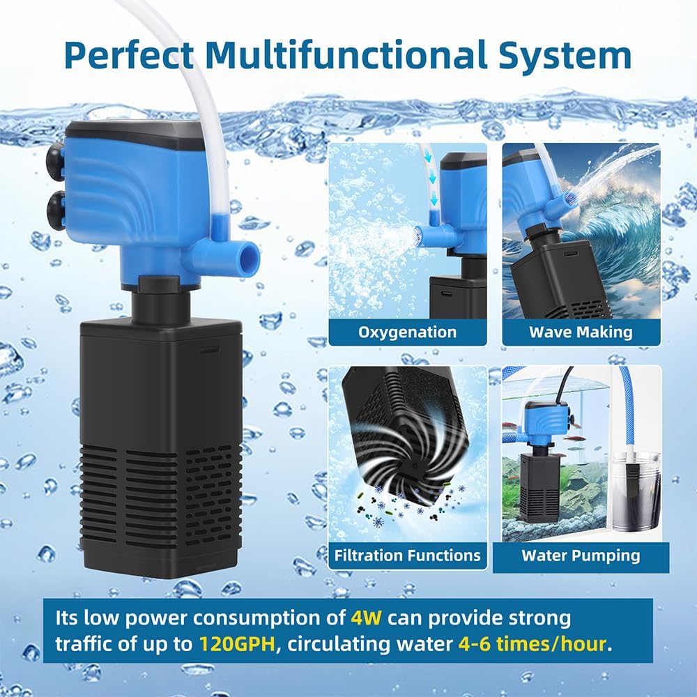 DaToo Aquarium Filter 5-15 Gallon Fish Tank Filter 120GPH Powerful Pump For Aquariums Adjustable Air Flow Submersible Internal Aquarium Filters For Pond Wavemaker Air Supply Freshwater And Saltwater - Happypetzone.online - Image 2