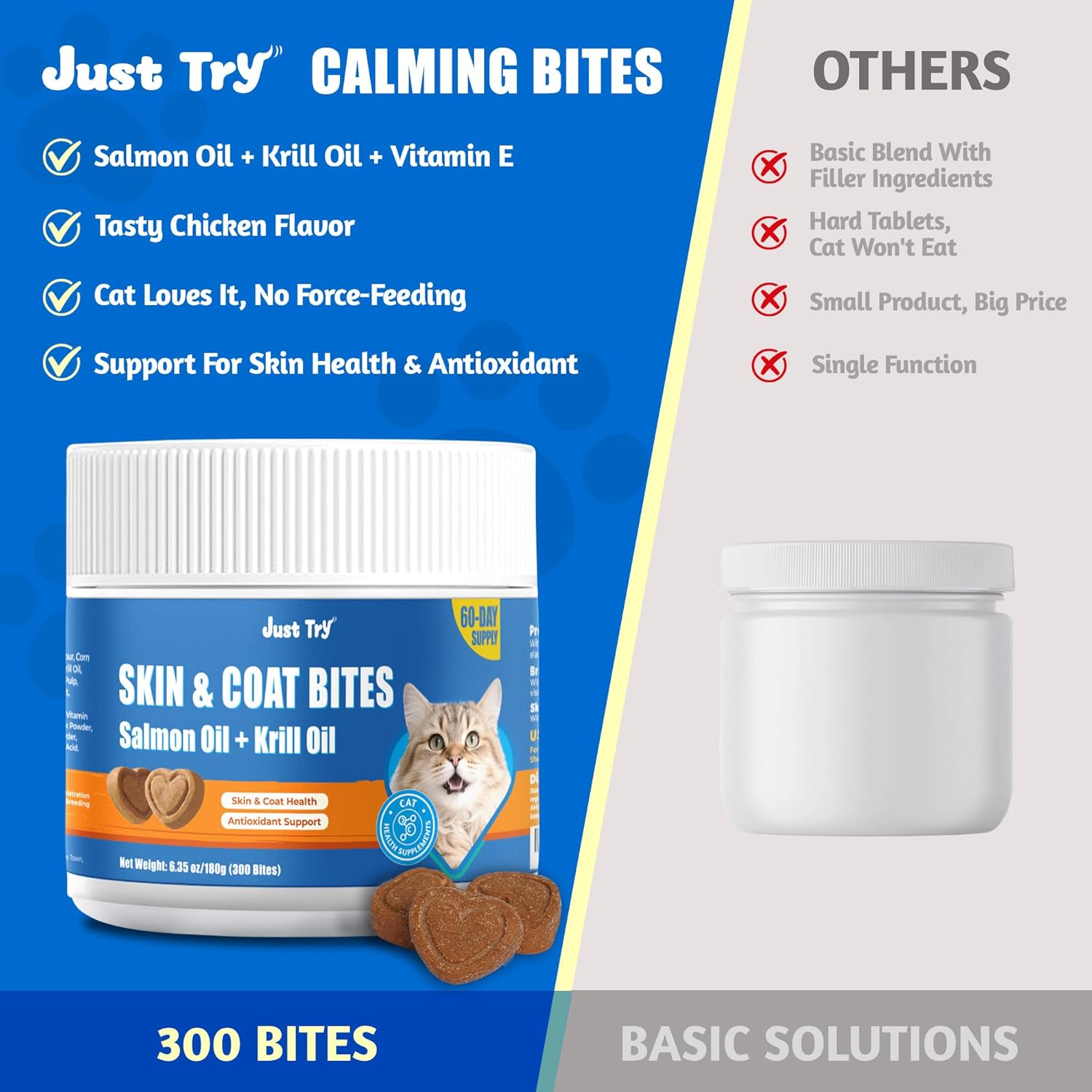 Just Try 300 Bites Skin and Coat Healthy Cat Vitamins for Indoor Cats Omega 3 for Cats Salmon Oil Supplements- Cat Itchy Skin Relief - Happypetzone.online - Image 8