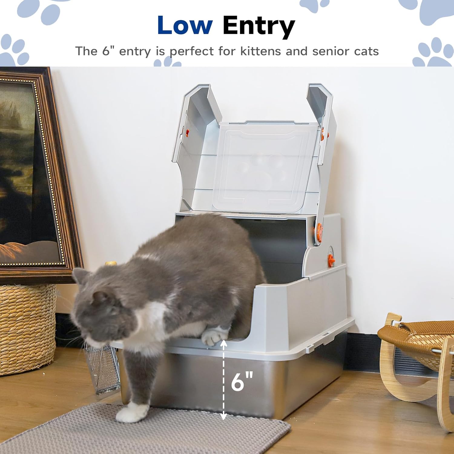 TENTIZON Stainless Steel Cat Litter Box with Lid, Large Covered Enclosed Kitty Litterbox with Hood, Flip Top, High Side, Litter Mat, Scoop for Big Cats, Kitten, No Odor, No Mess, Easy Clean, Grey - Happypetzone.online - Image 8