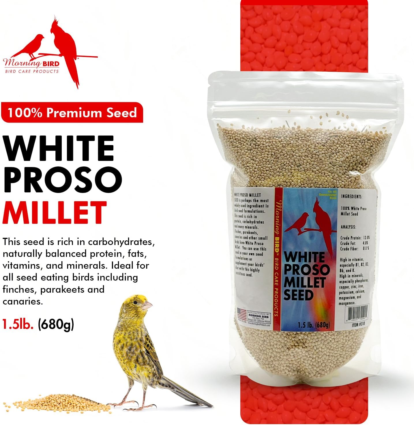 Morning Bird White Proso Millet 1.5 lbs – Unhulled Natural Bird Seed – Supports Feather Growth & Balanced Nutrition – High Energy Delicious Seed - Ideal for Finches, Parakeets & Pet Birds - Happypetzone.online - Image 2