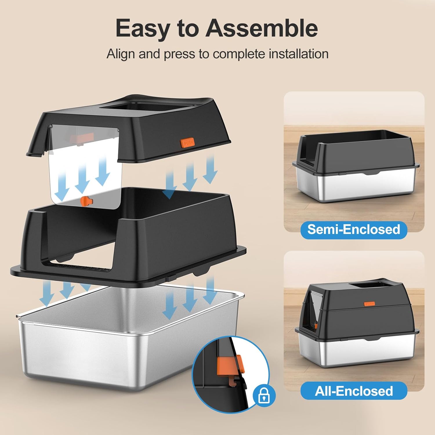 Stainless Steel Litter Box with Lid,Front Entry Top Exit Kitty LitterBox,Extra Large Enclosed Metal Cat Box with Litter Scoop & Litter Mat-Black - Happypetzone.online - Image 4
