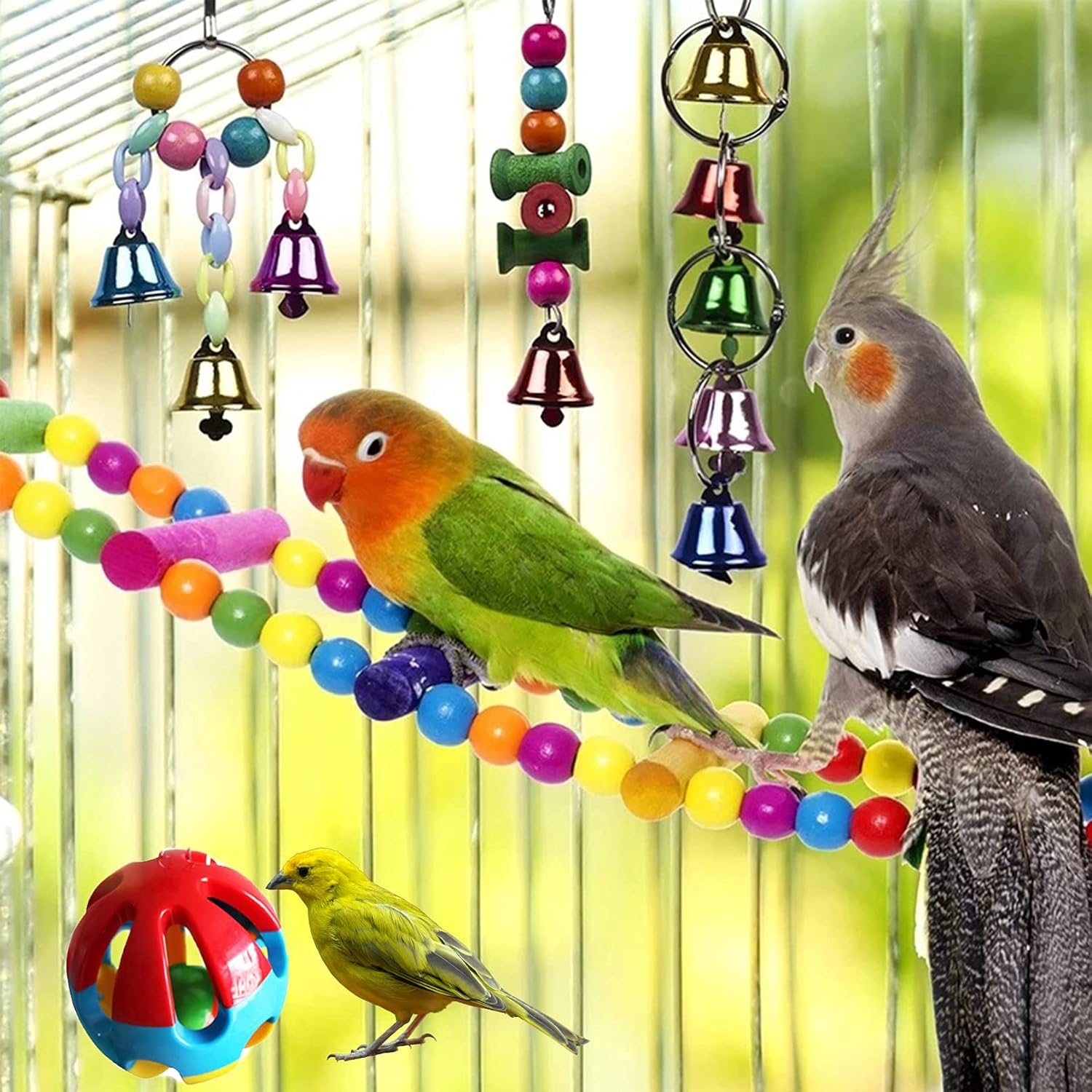 Hamiledyi Bird Parrot Swing Chewing Toy Set 15PCS Wooden Hanging Bell with Hammock Climbing Ladders Colorful Pet Birds Cage Toys for Small Parakeet Cockatiel Finches Conures Budgie Macaws Love Birds - Happypetzone.online - Image 2