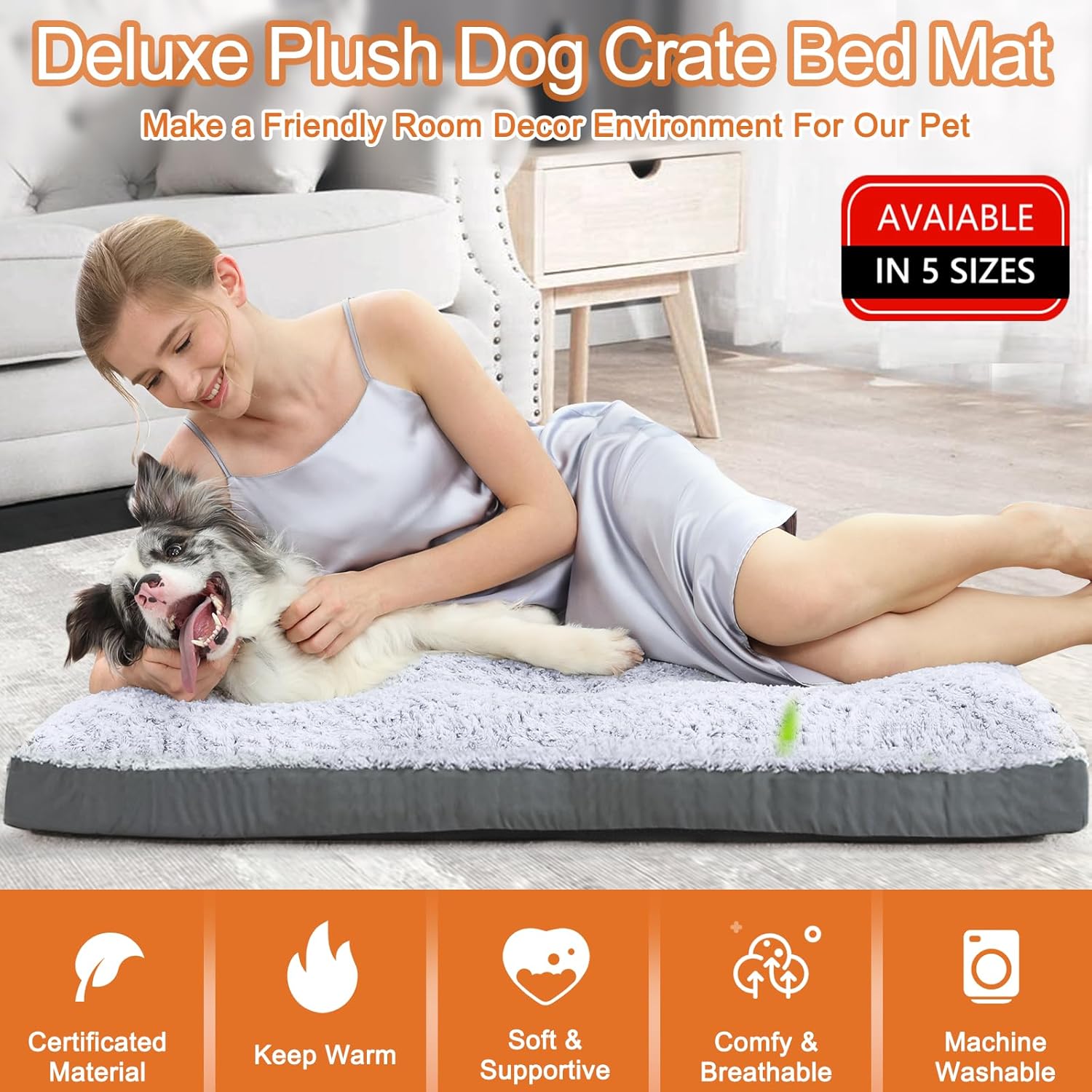 POCBLUE Deluxe Washable Dog Bed for Large Dogs Dog Crate Mat 35 Inch Comfy Fluffy Kennel Pad Anti-Slip for Dogs Up to 60 lbs, 35" x 23", Grey - Happypetzone.online - Image 2