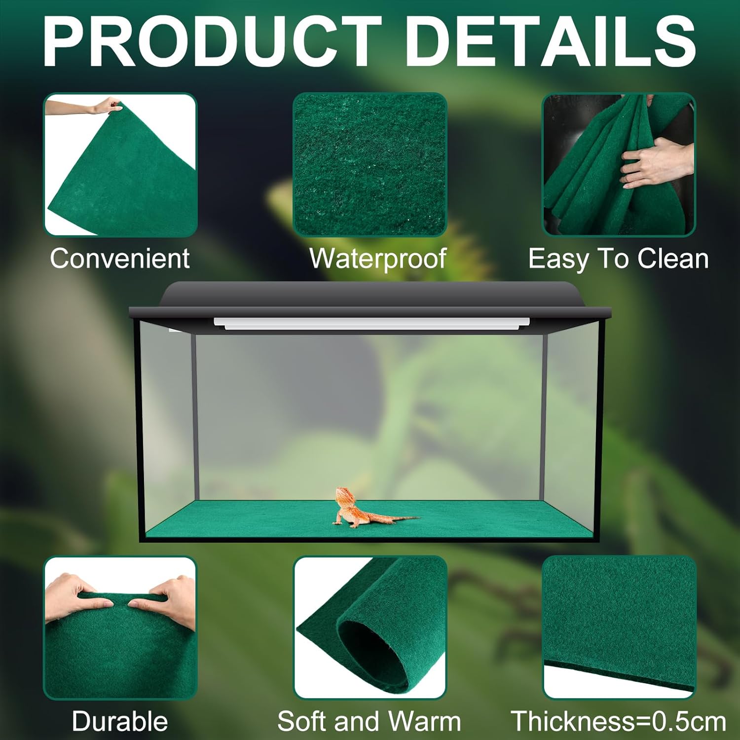 Haull 4 Pcs 24 x 47 Reptile Carpet Pet Terrarium Floor Liners Bedding Substrate Liner Supplies Reptile Cage Mat Tank Accessories for Lizard Bearded Dragon Tortoise Snake Leopard (Green) - Happypetzone.online - Image 6
