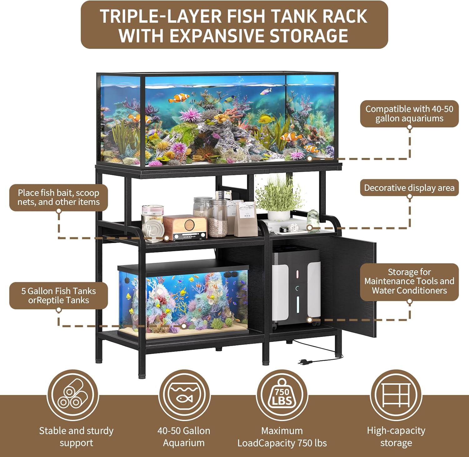 40 Gallon Fish Tank Stand with Power Outlet, Heavy Duty 3-Tier Aquarium Stand,Reptile Terrarium Stand with Storage Cabinet, 36.8"×18.5" Metal Sturdy Steel Frame, 750lbs Capacity, Black - Happypetzone.online - Image 4