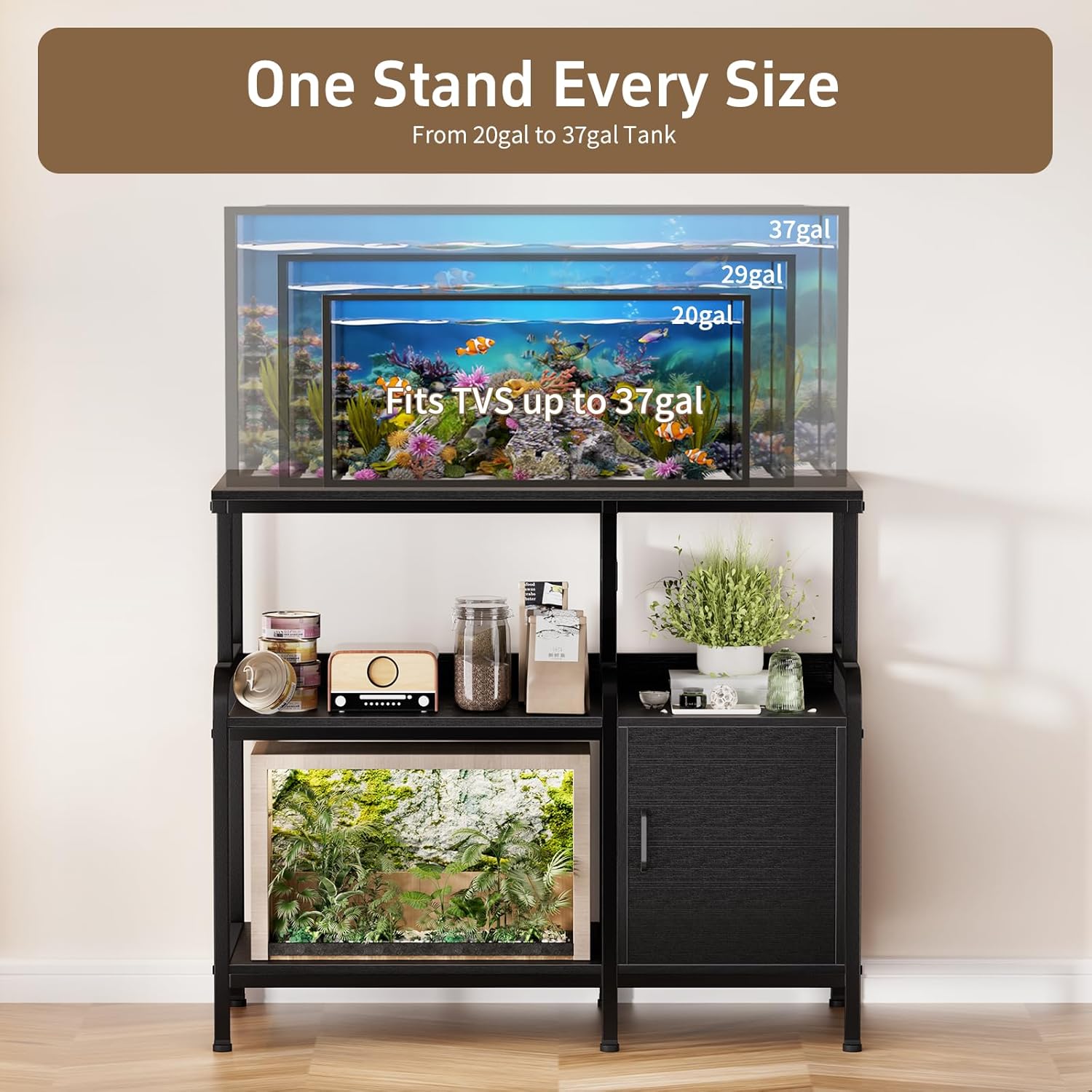 40 Gallon Fish Tank Stand with Power Outlet, Heavy Duty 3-Tier Aquarium Stand,Reptile Terrarium Stand with Storage Cabinet, 36.8"×18.5" Metal Sturdy Steel Frame, 750lbs Capacity, Black - Happypetzone.online - Image 6