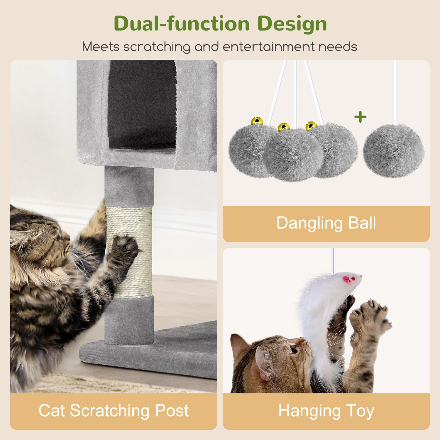Globlazer Cat Trees and Towers for Multiple Adult Cats, 82-inch XXL Tall Cat Tree Tower for Indoor Cats with Scratching Post, 3 Perches, 2 Condos, 2 Hanging Baskets, F82, Light Grey - Happypetzone.online - Image 6