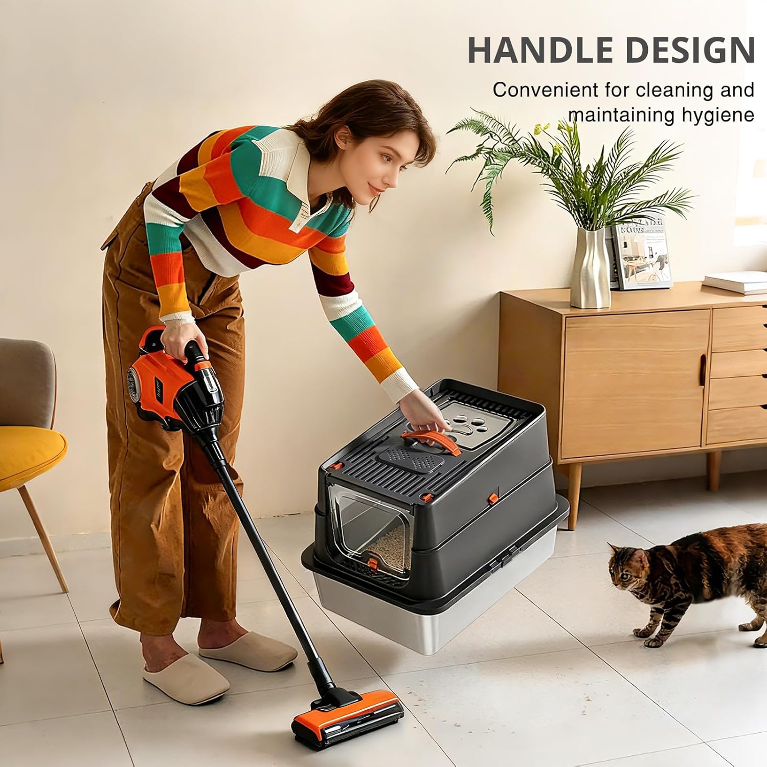 Stainless Steel Cat Litter Box, XL Enclosed Cat Litter Box with Lid, Easy to Clean High-Sided Metal Kitty with Top Entry, Scoop, Mat, Brush & Foot Pedal-Black - Happypetzone.online - Image 3