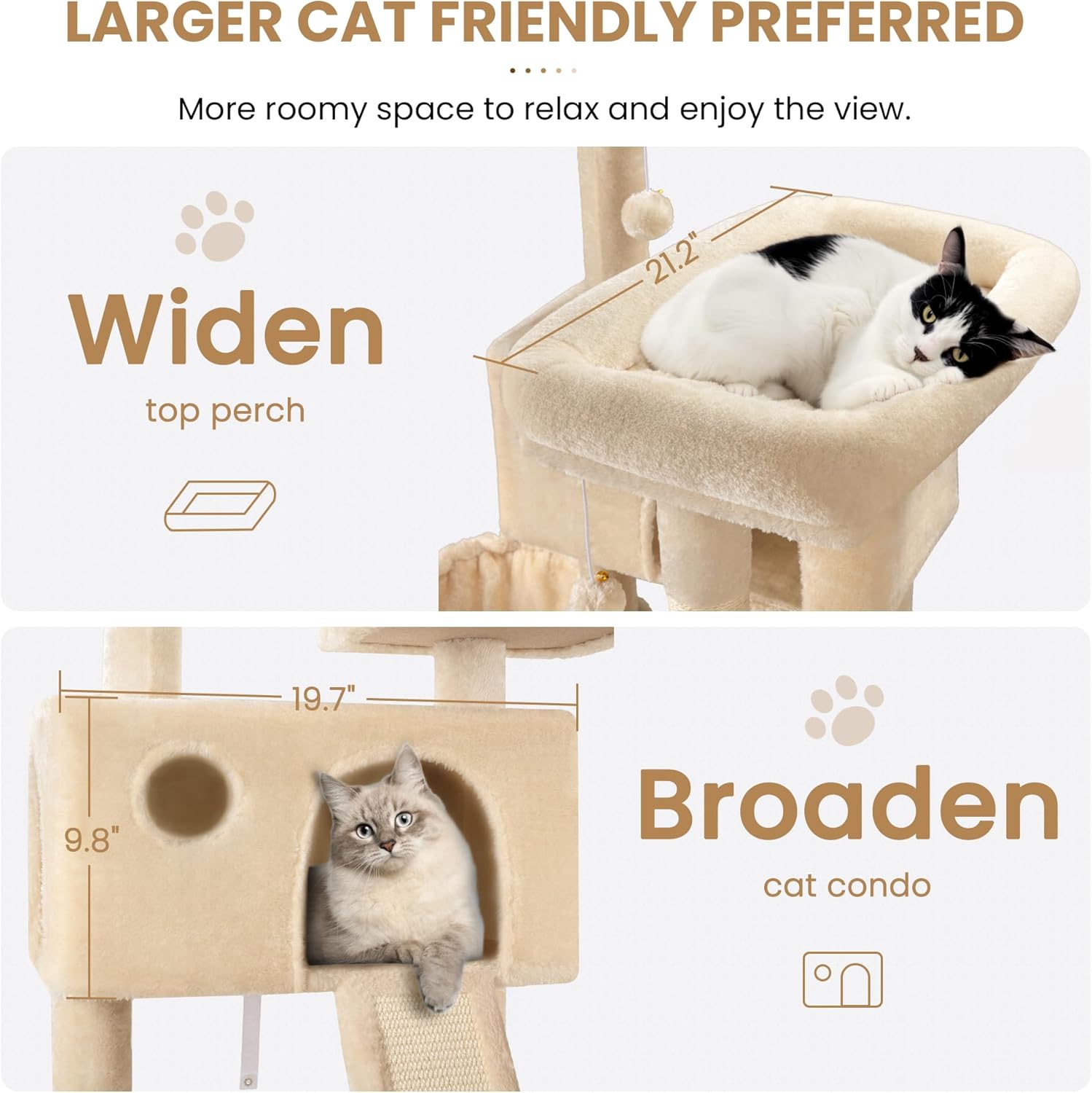 SHA CERLIN 65in Larger Cat Tree Tower Condo for Indoor Kitties/Multi-Level Furniture Activity Center with Wide Base/Cozy Plush Cat Perches/Baskets/Sisal Scratching Posts and Hammock/Beige - Happypetzone.online - Image 3