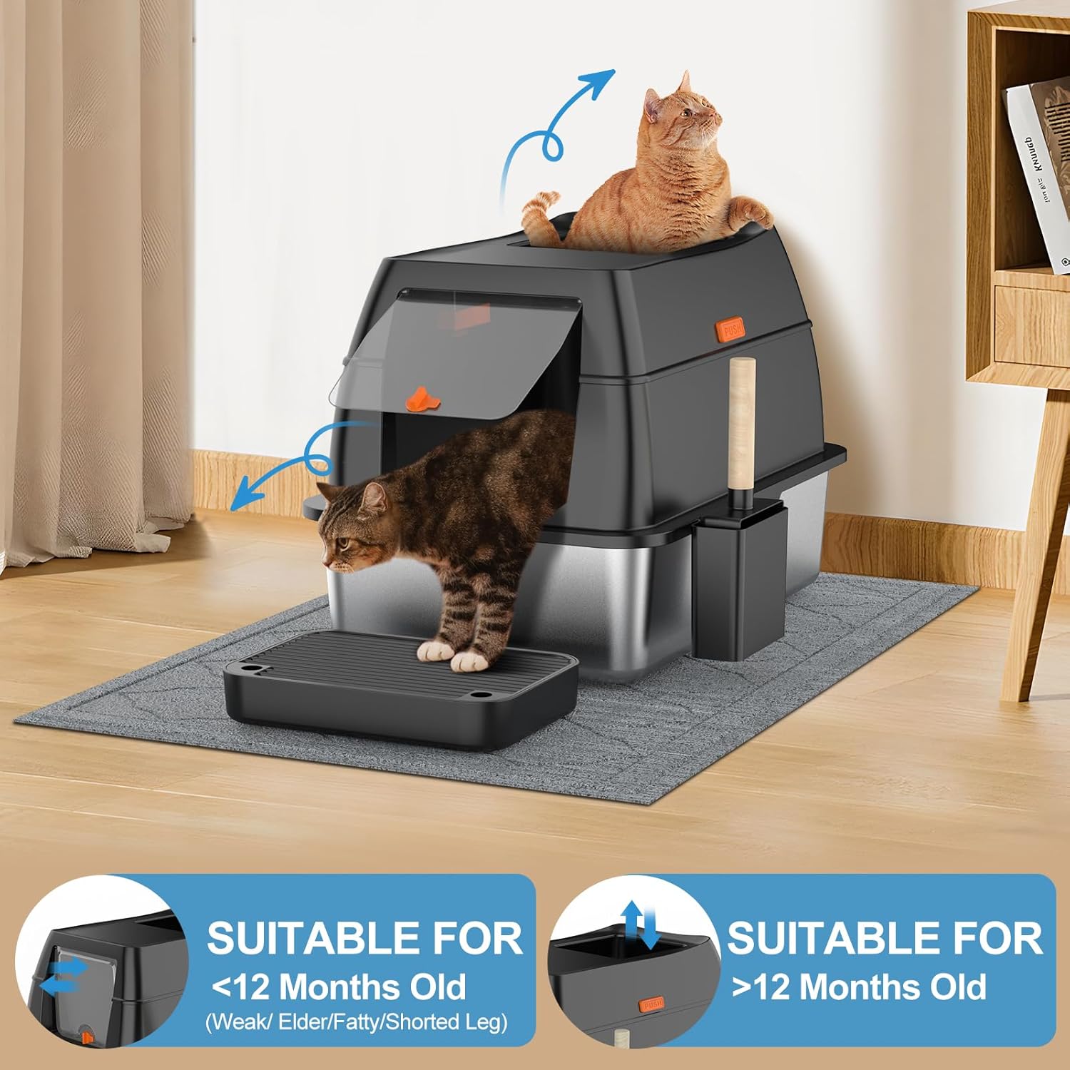 Stainless Steel Litter Box with Lid,Front Entry Top Exit Kitty LitterBox,Extra Large Enclosed Metal Cat Box with Litter Scoop & Litter Mat-Black - Happypetzone.online - Image 5