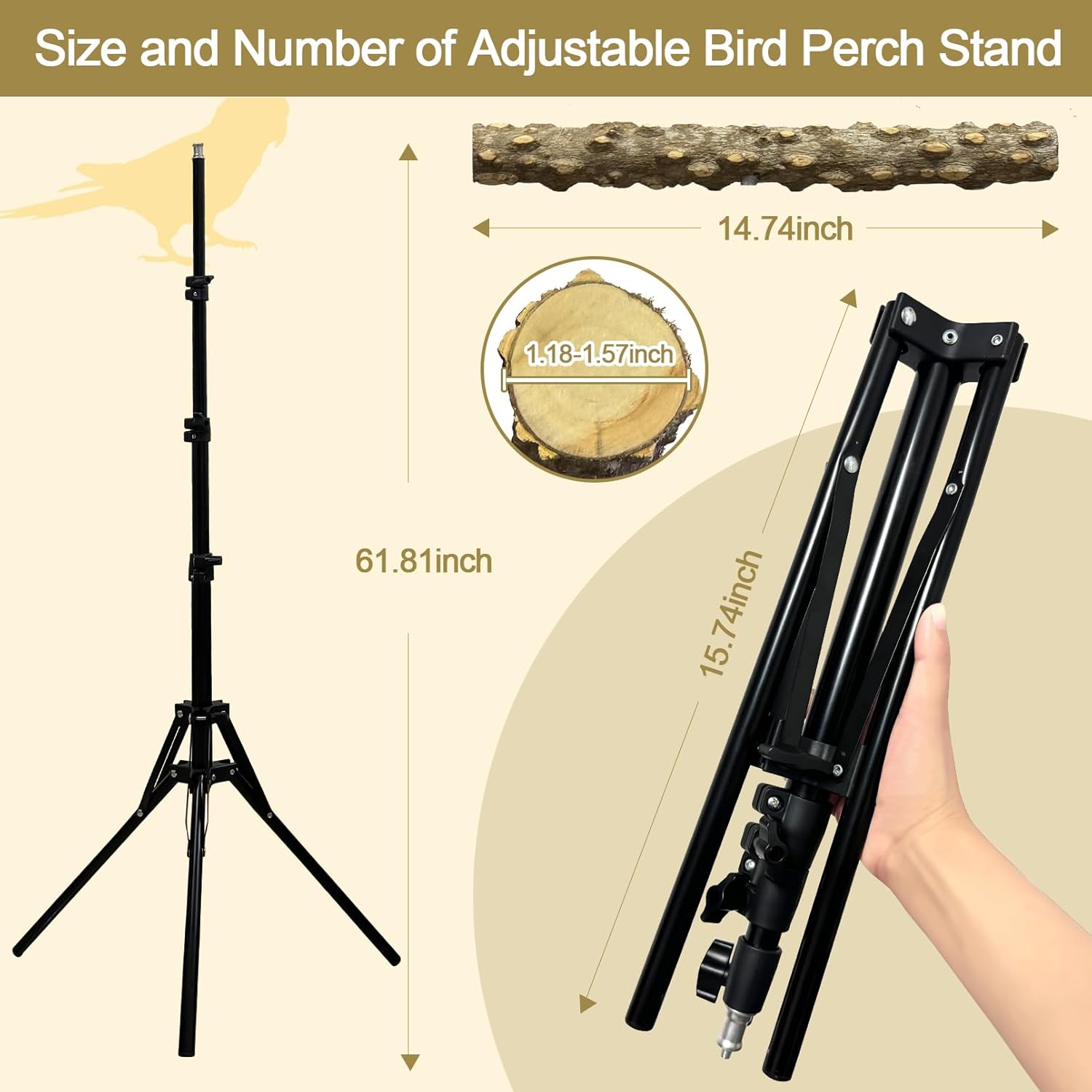 16-63 Inch Height Adjustable Bird Perch Pepper Wood Bird Training Perch Stand Parakeet Perches Indoor and Outdoor Parrot Stands for Small to Medium Bird - Happypetzone.online - Image 3