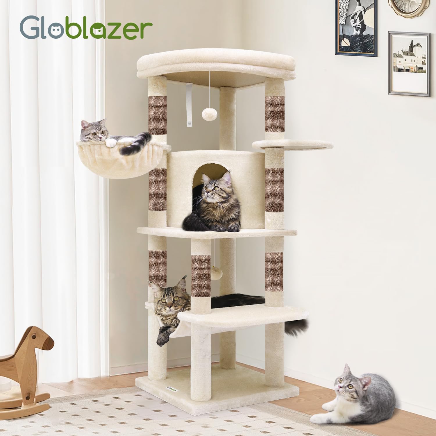Globlazer Corner Cat Tree, 51in Curved Series Modern Cat Tower for Indoor Cats with Hammock, 7 Sisal Scratching Posts, Large Fan-Shaped Platform for Large Cats, Cat Condo & Hanging Basket, C51, Beige - Happypetzone.online - Image 8