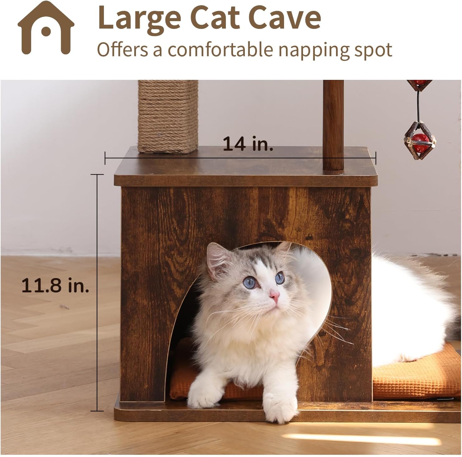 FUKUMARU Cat Tree, 4 in 1 Large Modern Cats Tower with Jute Scratching Post and Hammock, Wood Cat Condo with silvervine Balls, Brown Cat Climber Stand Playhouse for Indoor Cats, Retro Style - Happypetzone.online - Image 6